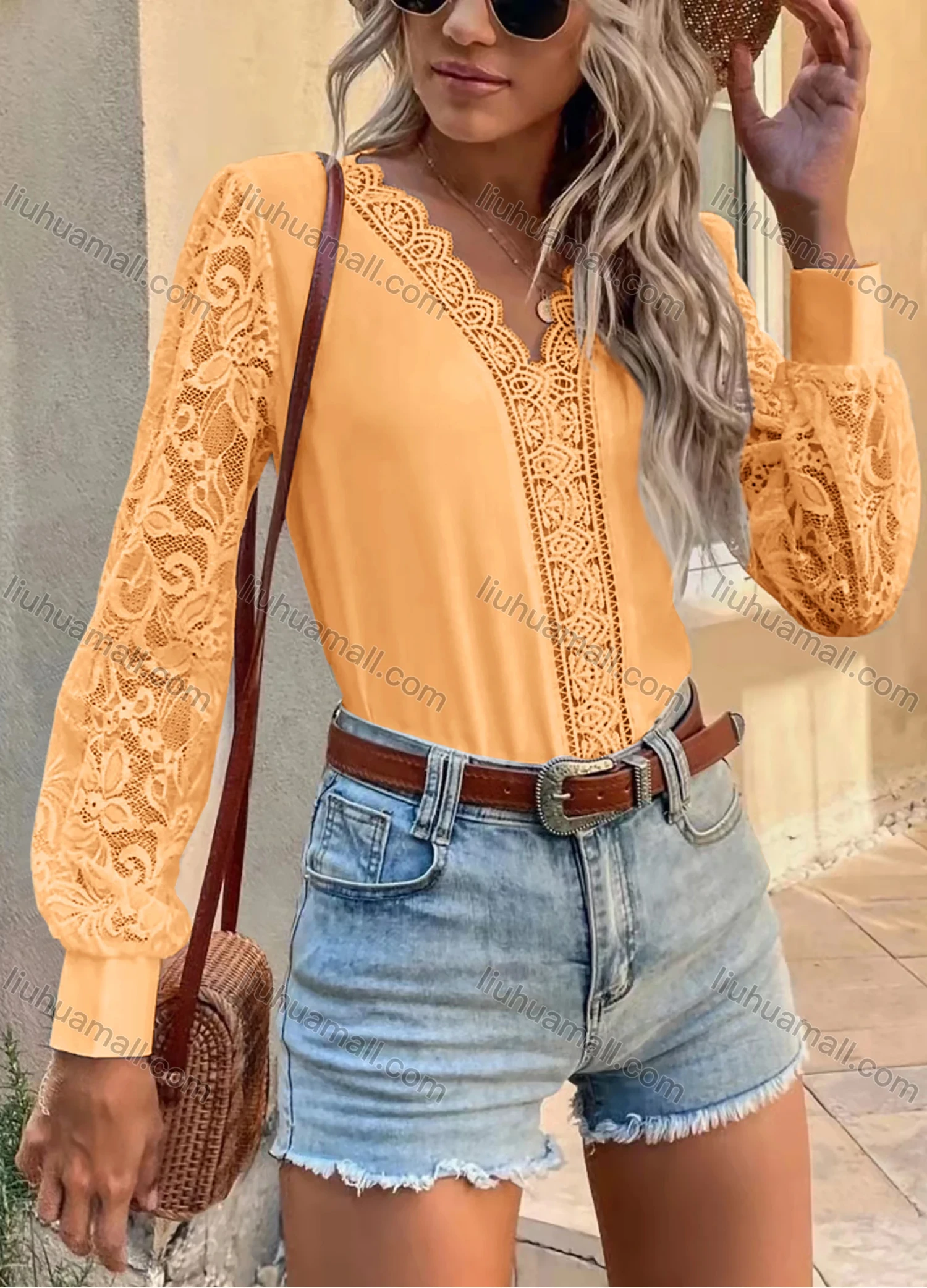 Wholesale Women's Elegant V Neck Lace Lantern Sleeve Plain Blouse AY199# - Liuhuamall