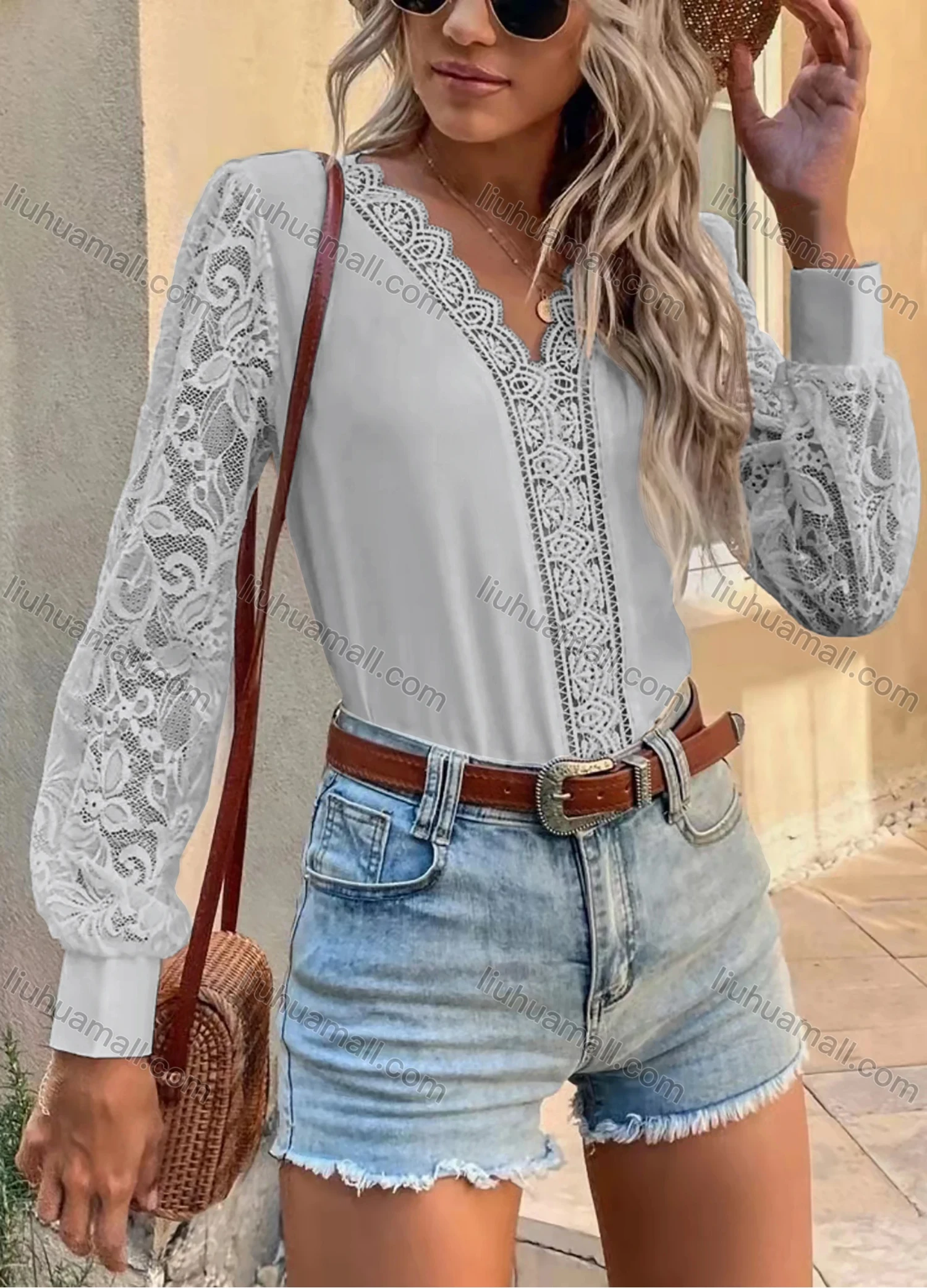 Wholesale Women's Elegant V Neck Lace Lantern Sleeve Plain Blouse AY199# - Liuhuamall