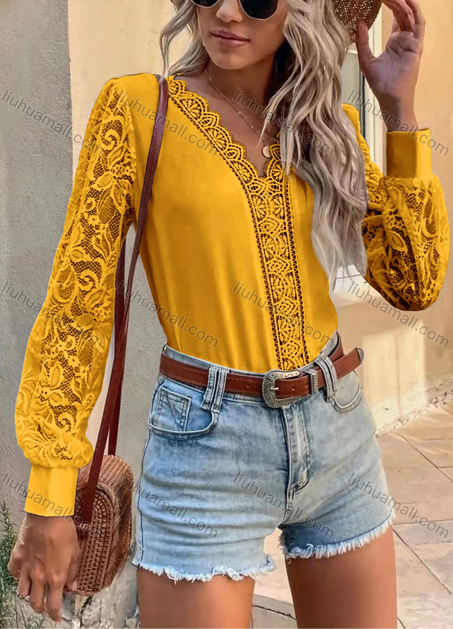 Wholesale Women's Elegant V Neck Lace Lantern Sleeve Plain Blouse AY199# - Liuhuamall
