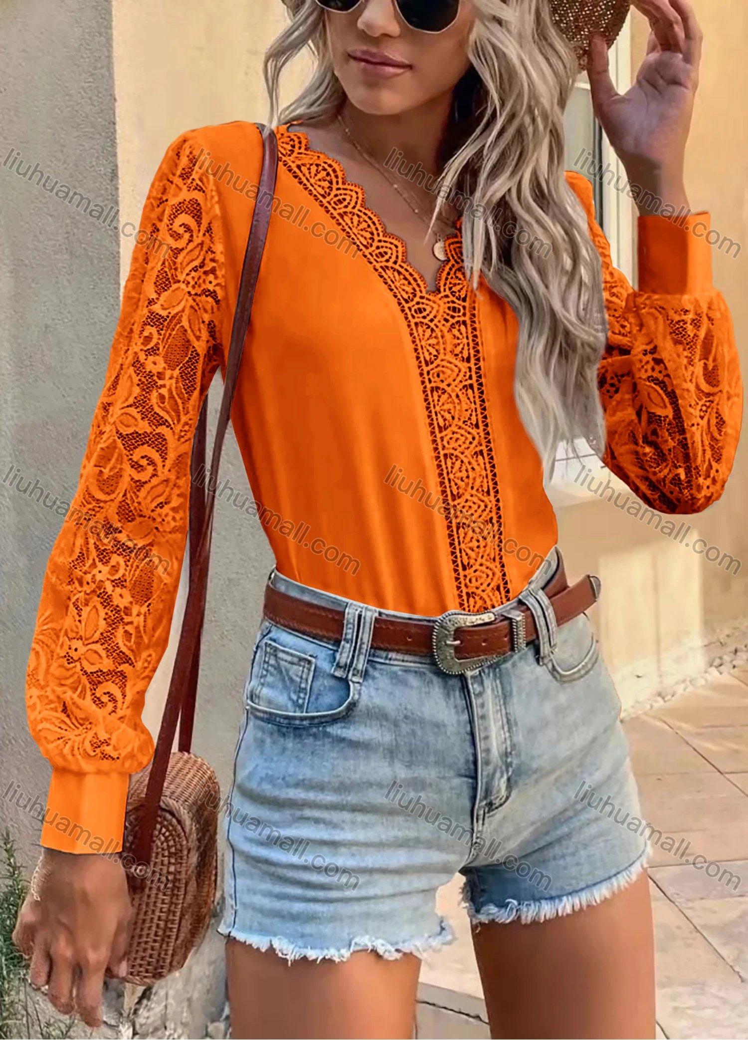 Wholesale Women's Elegant V Neck Lace Lantern Sleeve Plain Blouse AY199# - Liuhuamall