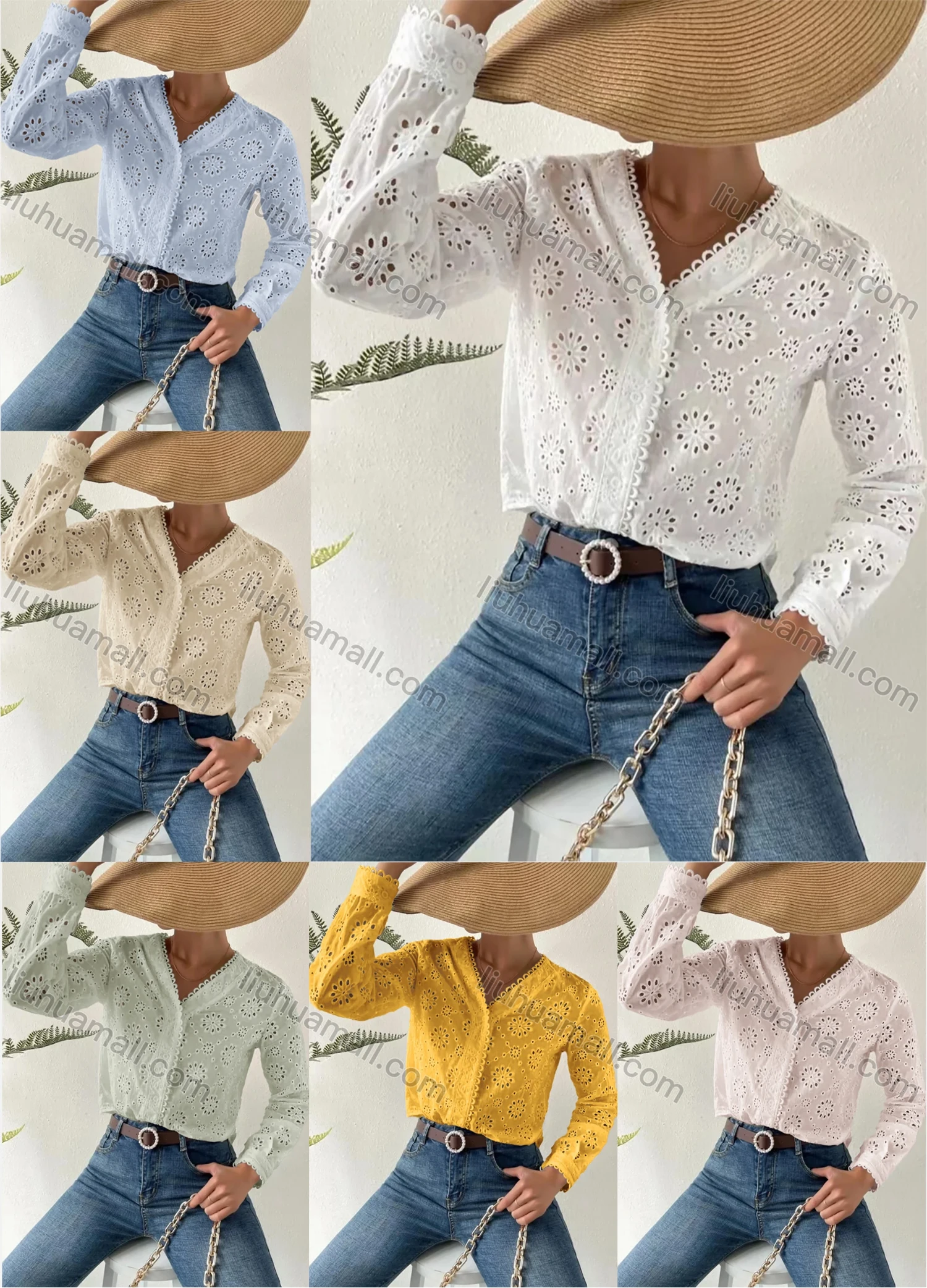 Wholesale Women's V Neck Long Sleeve Eyelet Lace Button Down Plain Blouse AY200# - Liuhuamall