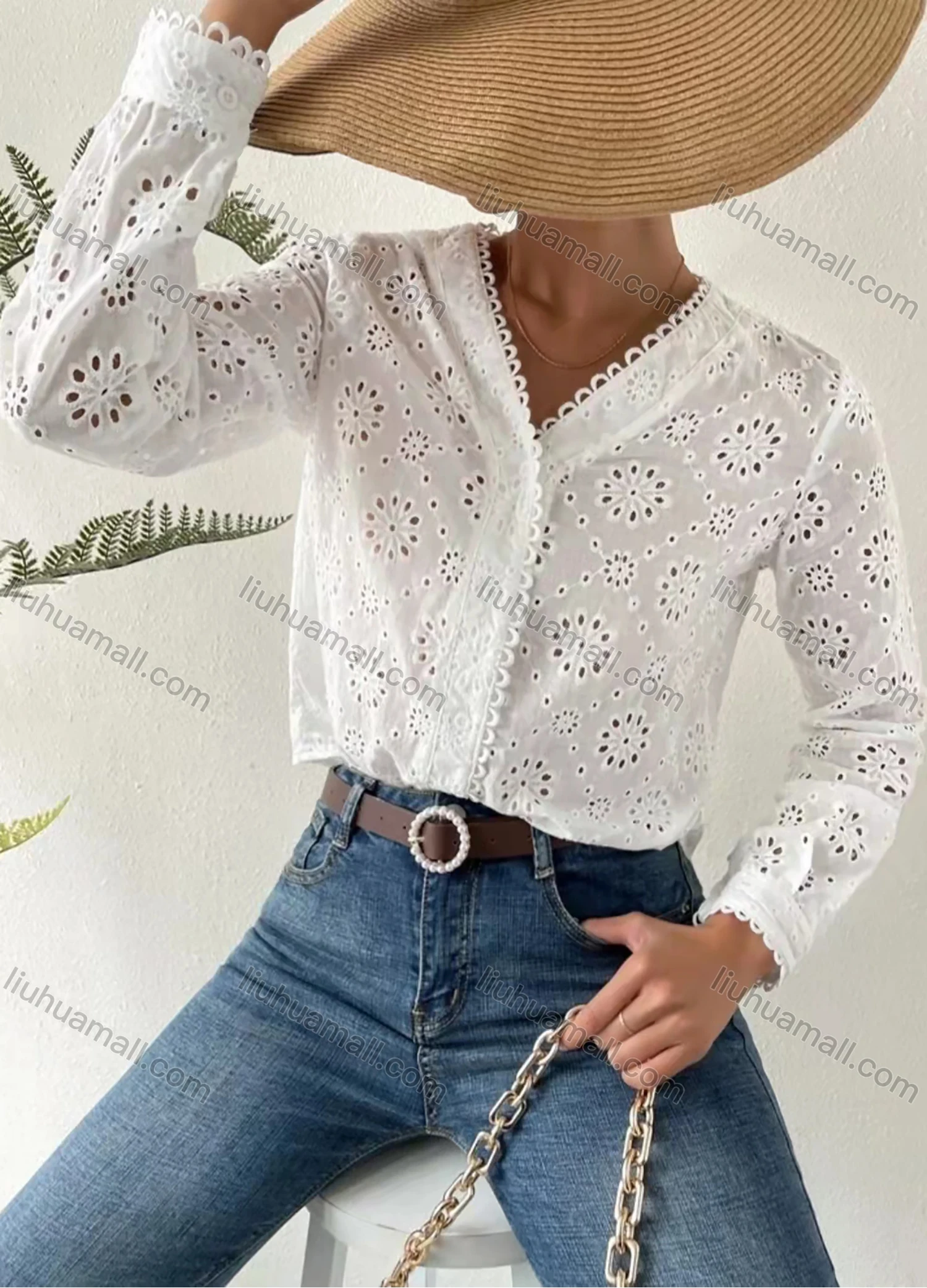 Wholesale Women's V Neck Long Sleeve Eyelet Lace Button Down Plain Blouse AY200# - Liuhuamall