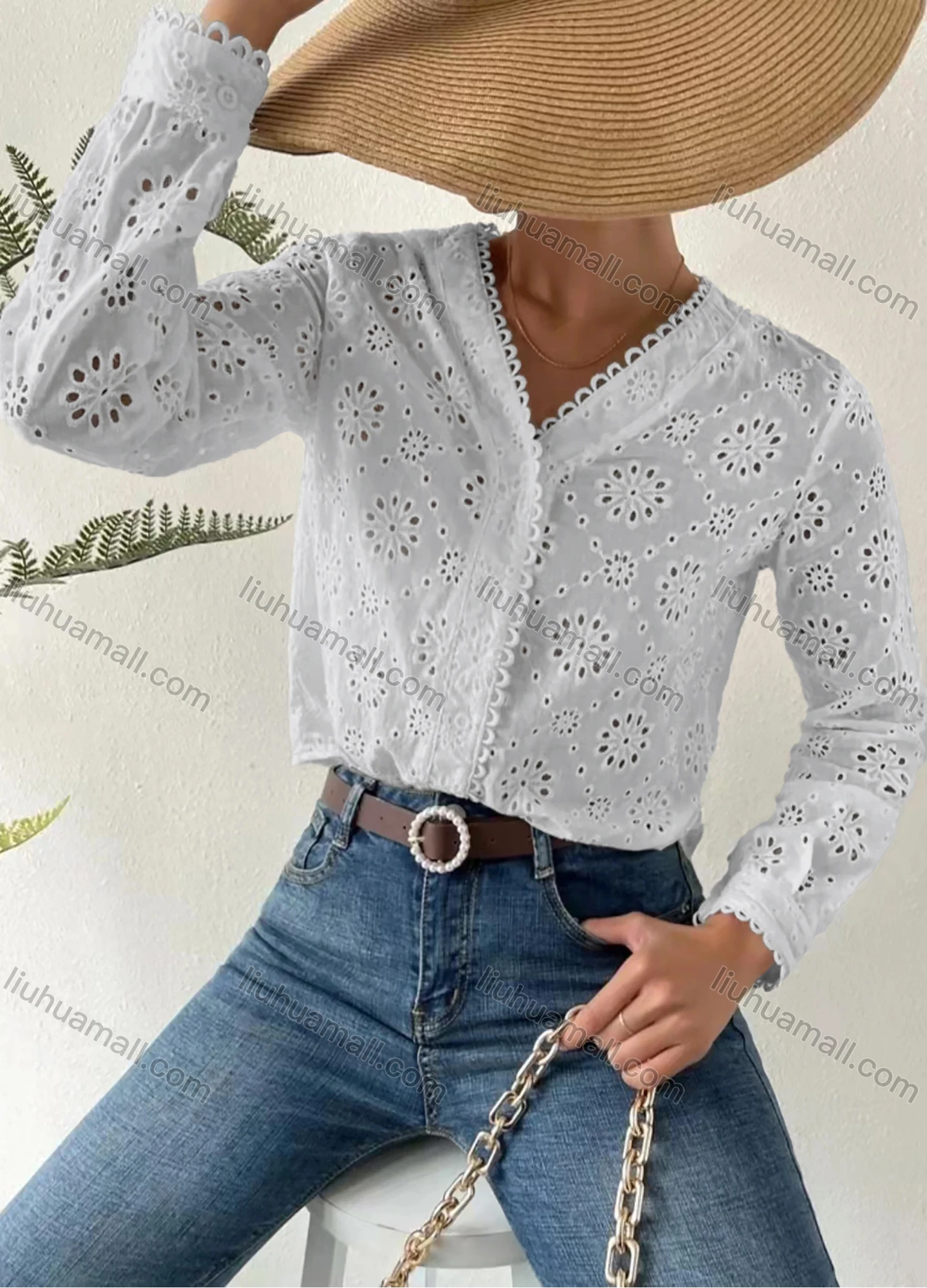Wholesale Women's V Neck Long Sleeve Eyelet Lace Button Down Plain Blouse AY200# - Liuhuamall