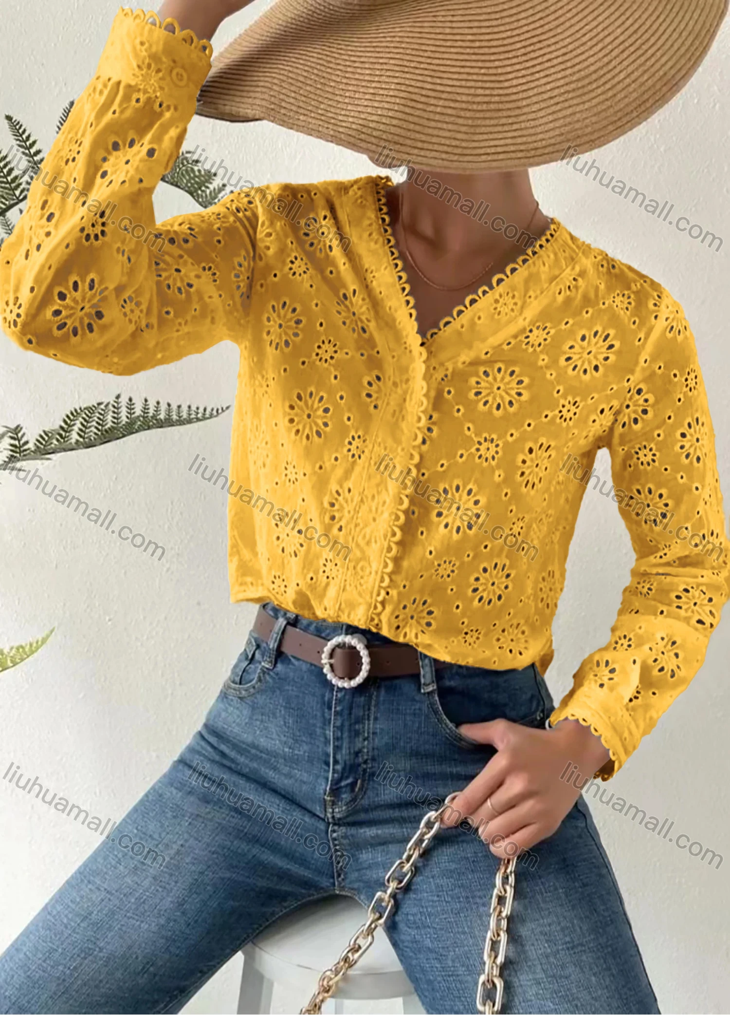 Wholesale Women's V Neck Long Sleeve Eyelet Lace Button Down Plain Blouse AY200# - Liuhuamall