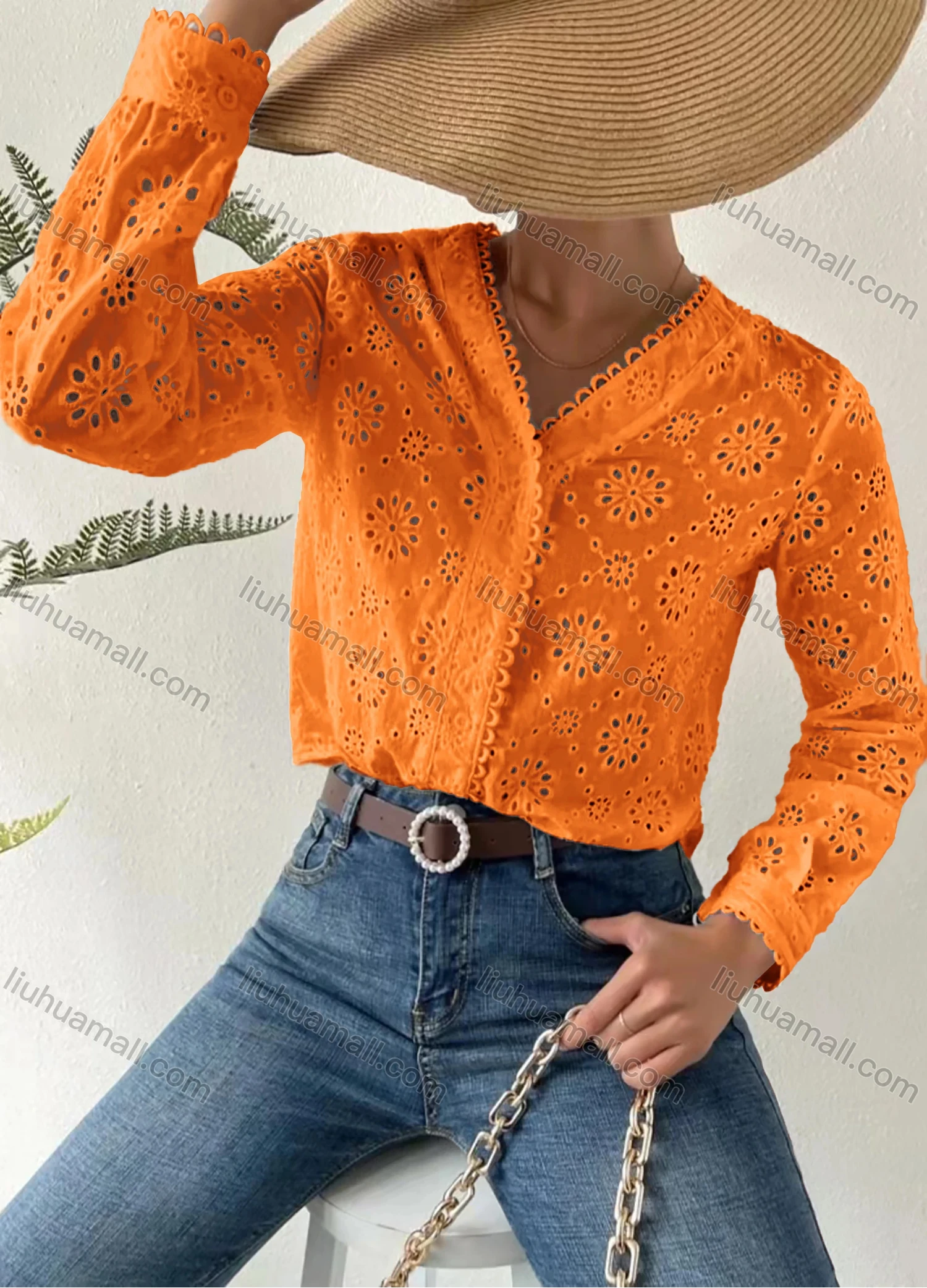 Wholesale Women's V Neck Long Sleeve Eyelet Lace Button Down Plain Blouse AY200# - Liuhuamall