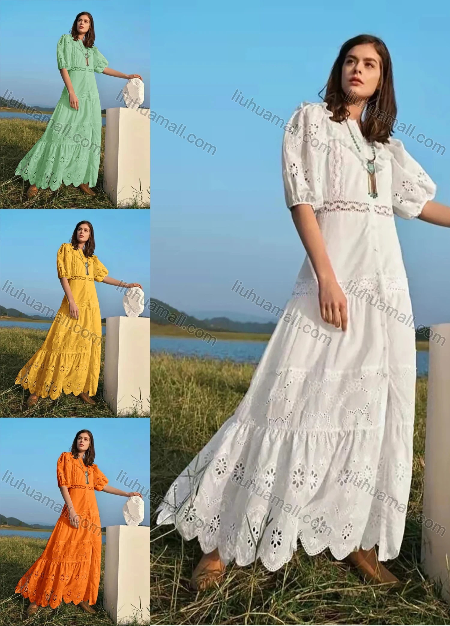 Wholesale Women's Notched Neck Puff Sleeve Buttons Ruffle Trim Eyelet Lace Plain Maxi Dress AY201# - Liuhuamall