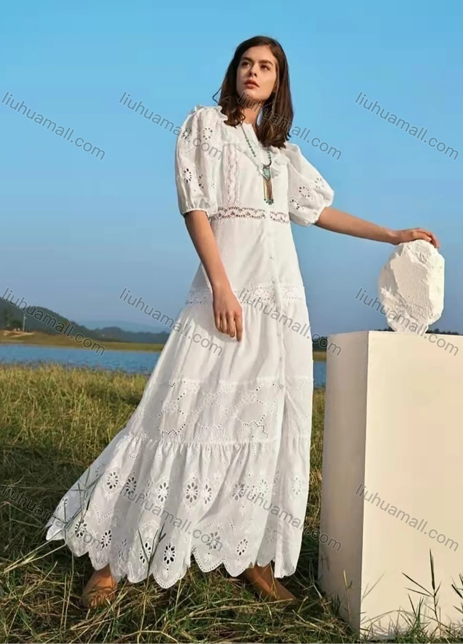 Wholesale Women's Notched Neck Puff Sleeve Buttons Ruffle Trim Eyelet Lace Plain Maxi Dress AY201# - Liuhuamall