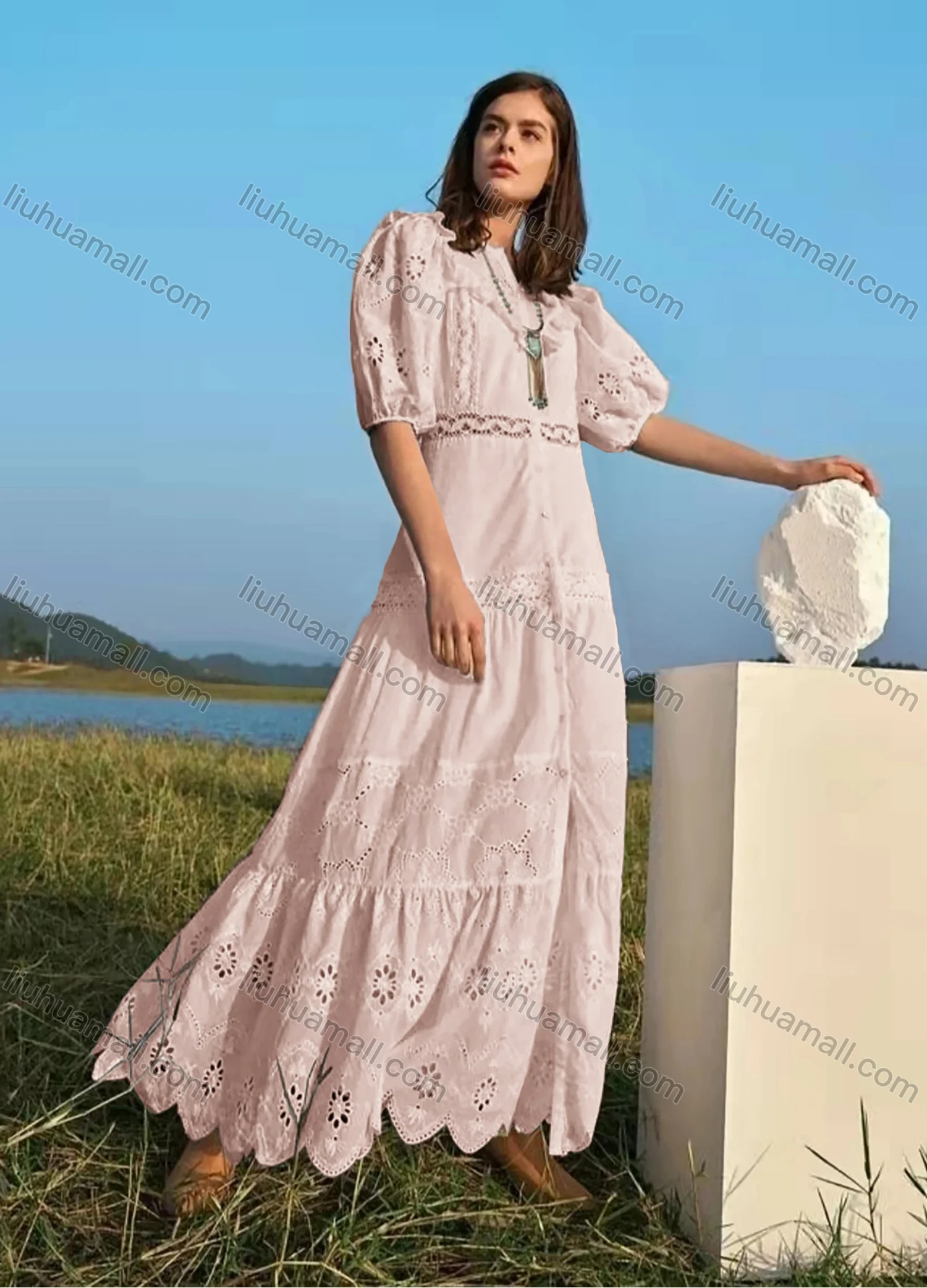 Wholesale Women's Notched Neck Puff Sleeve Buttons Ruffle Trim Eyelet Lace Plain Maxi Dress AY201# - Liuhuamall