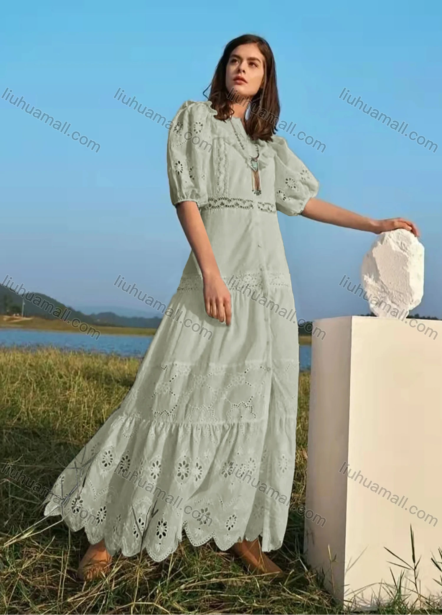 Wholesale Women's Notched Neck Puff Sleeve Buttons Ruffle Trim Eyelet Lace Plain Maxi Dress AY201# - Liuhuamall
