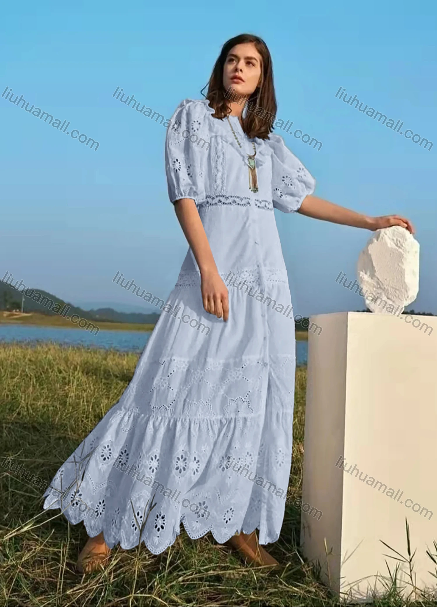 Wholesale Women's Notched Neck Puff Sleeve Buttons Ruffle Trim Eyelet Lace Plain Maxi Dress AY201# - Liuhuamall
