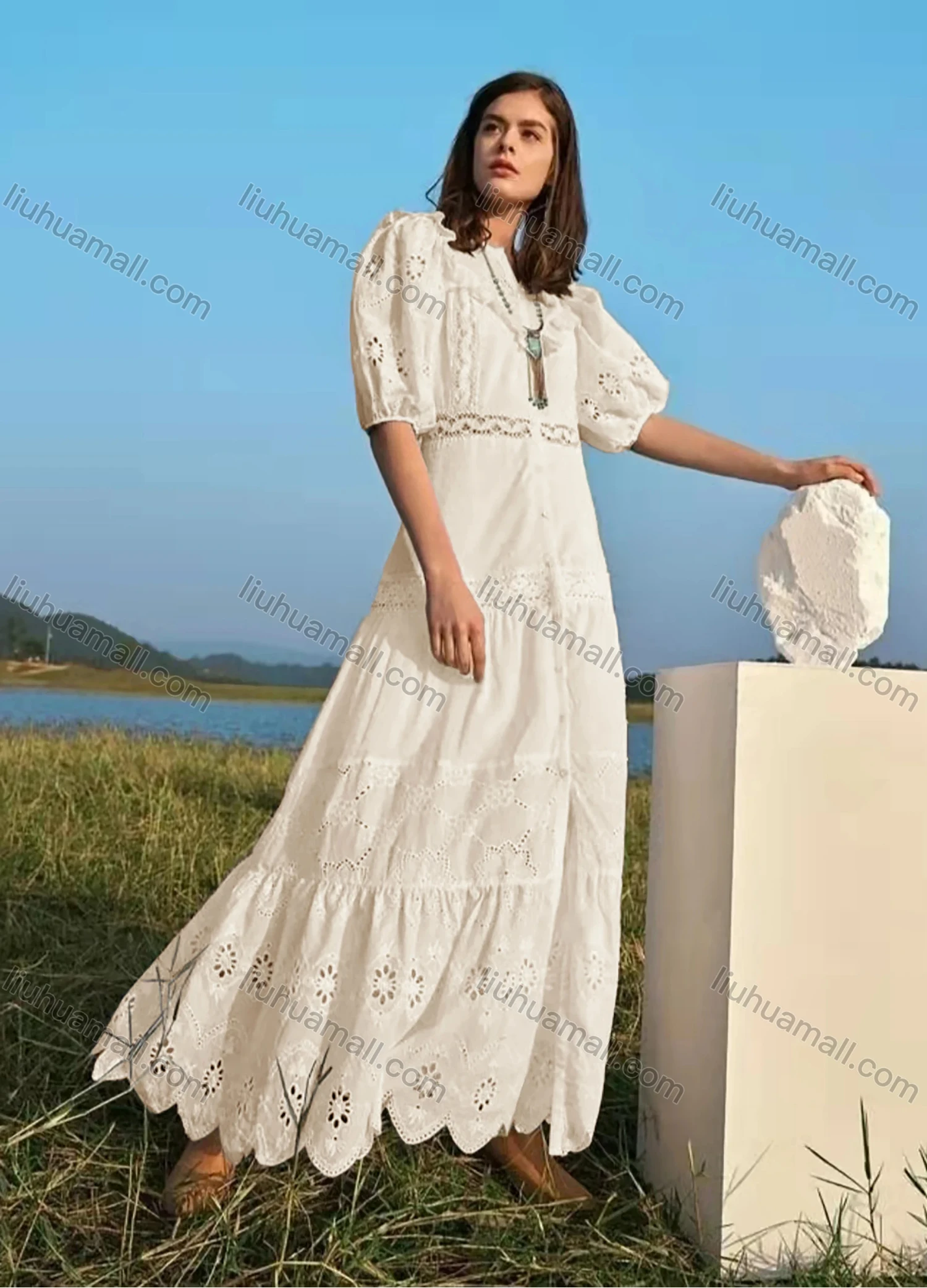 Wholesale Women's Notched Neck Puff Sleeve Buttons Ruffle Trim Eyelet Lace Plain Maxi Dress AY201# - Liuhuamall