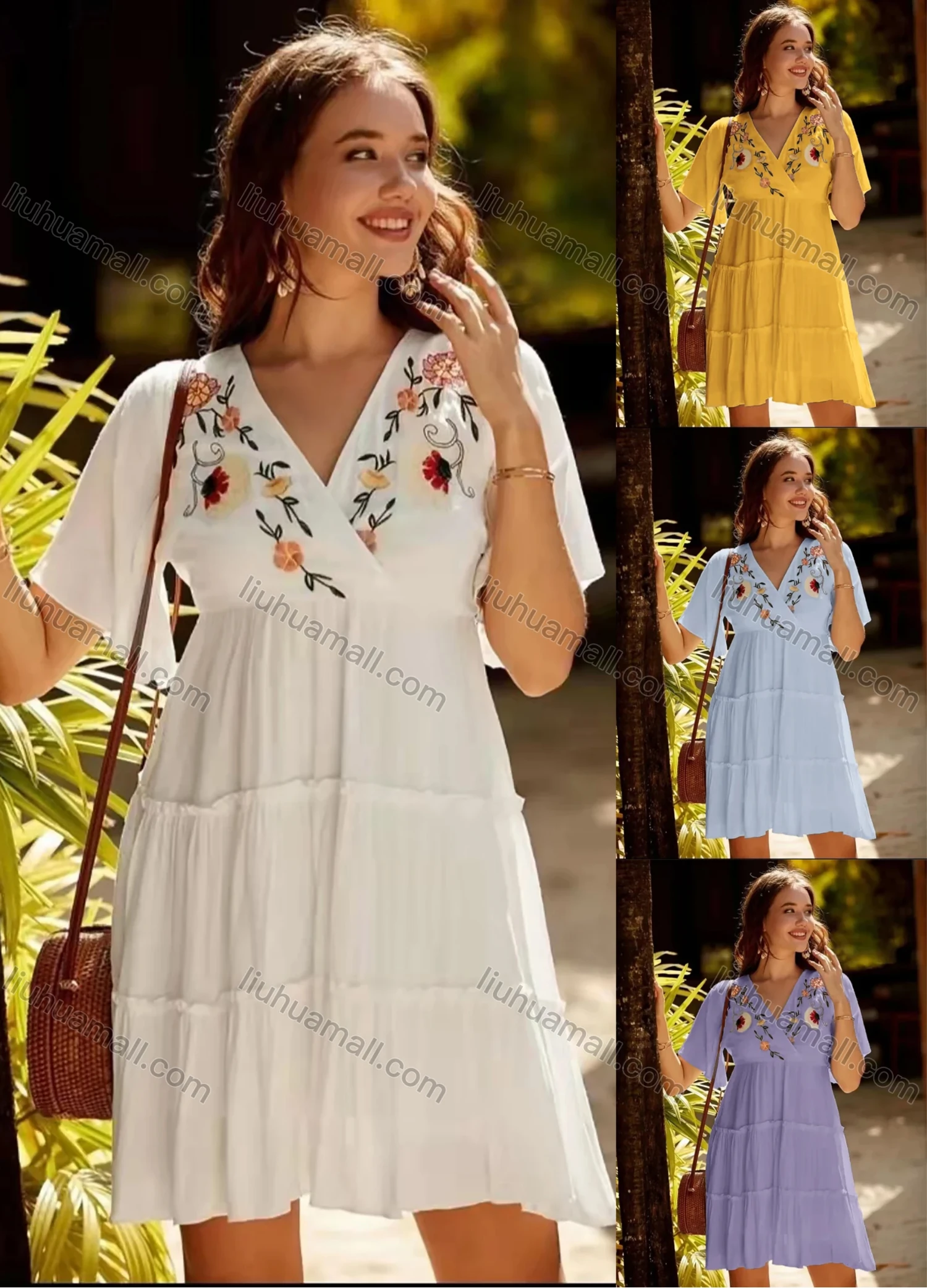 Wholesale Women's V Neck Wrap Ruffle Sleeve Floral Embroidery Layered Ruffle Trim Short Dress AY202# - Liuhuamall