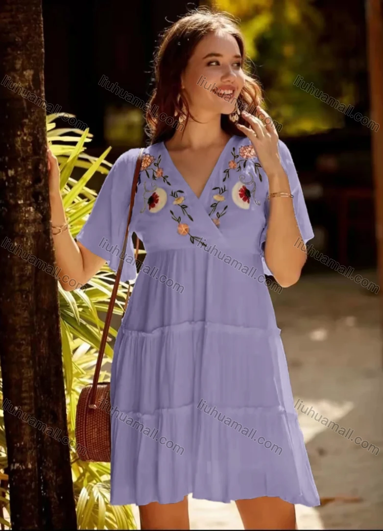 Wholesale Women's V Neck Wrap Ruffle Sleeve Floral Embroidery Layered Ruffle Trim Short Dress AY202# - Liuhuamall