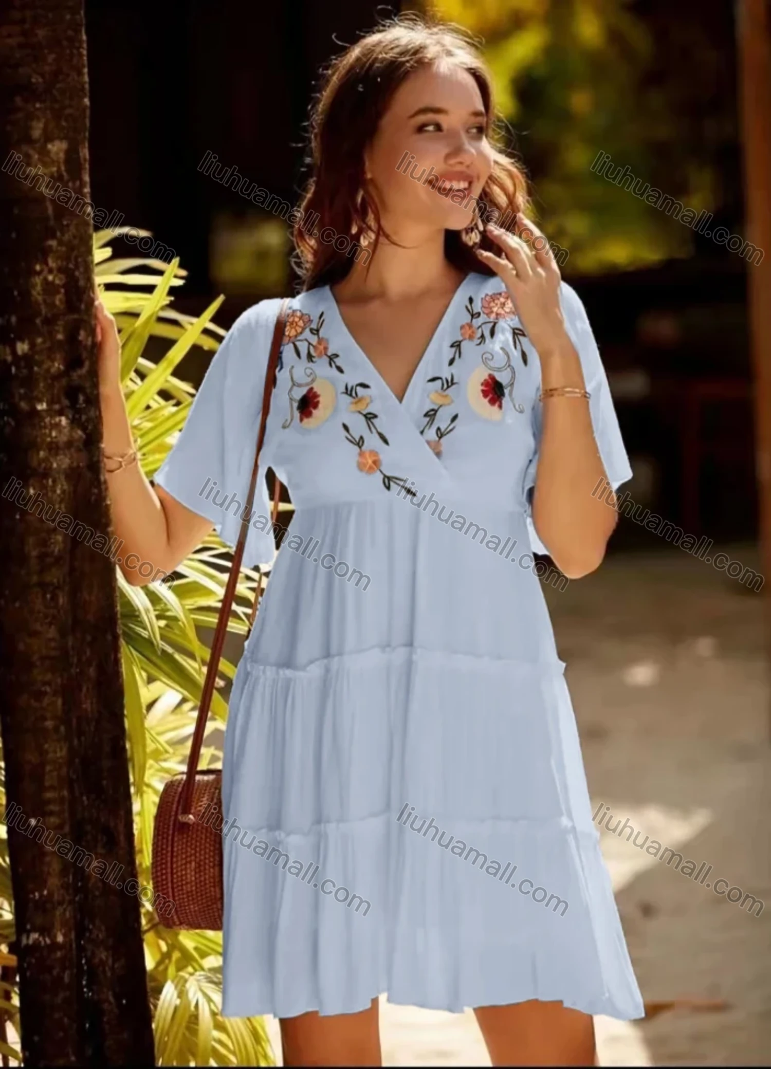 Wholesale Women's V Neck Wrap Ruffle Sleeve Floral Embroidery Layered Ruffle Trim Short Dress AY202# - Liuhuamall