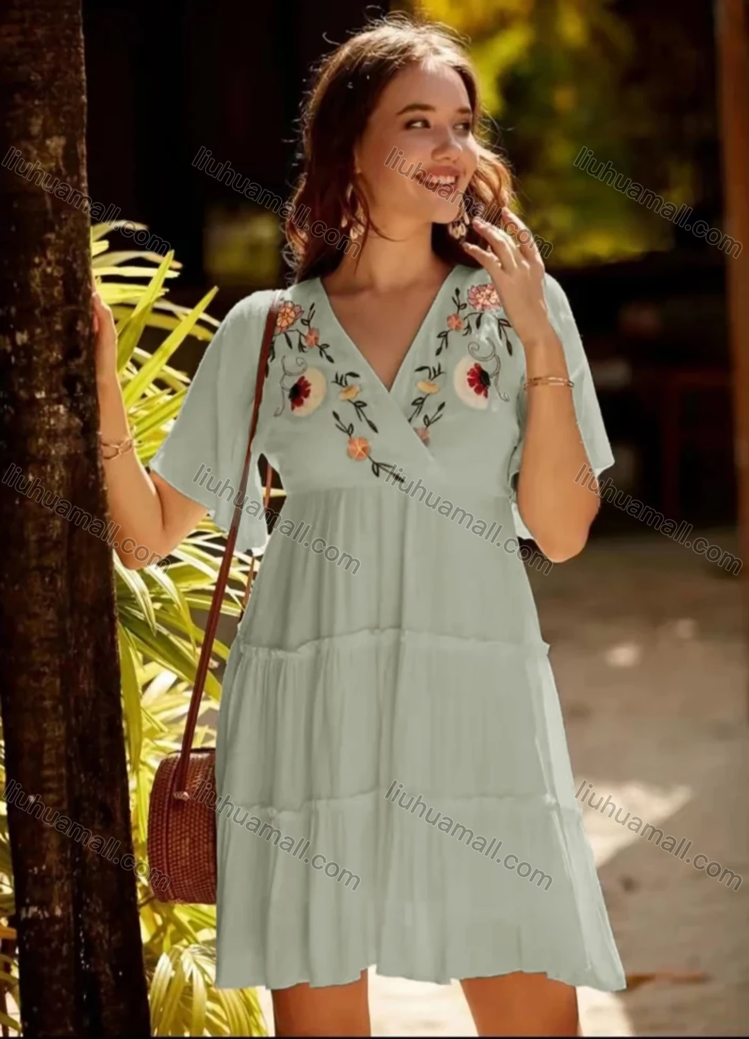 Wholesale Women's V Neck Wrap Ruffle Sleeve Floral Embroidery Layered Ruffle Trim Short Dress AY202# - Liuhuamall