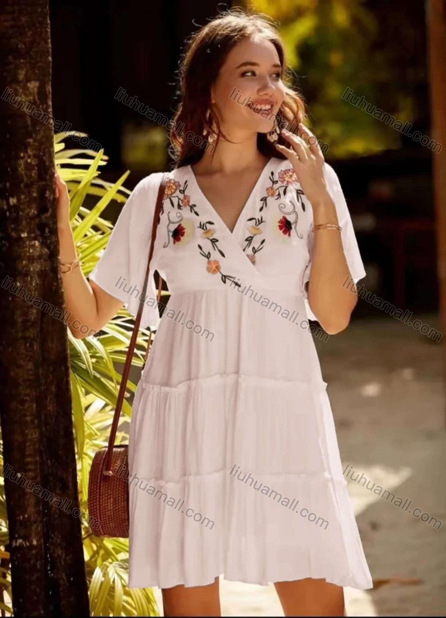 Wholesale Women's V Neck Wrap Ruffle Sleeve Floral Embroidery Layered Ruffle Trim Short Dress AY202# - Liuhuamall