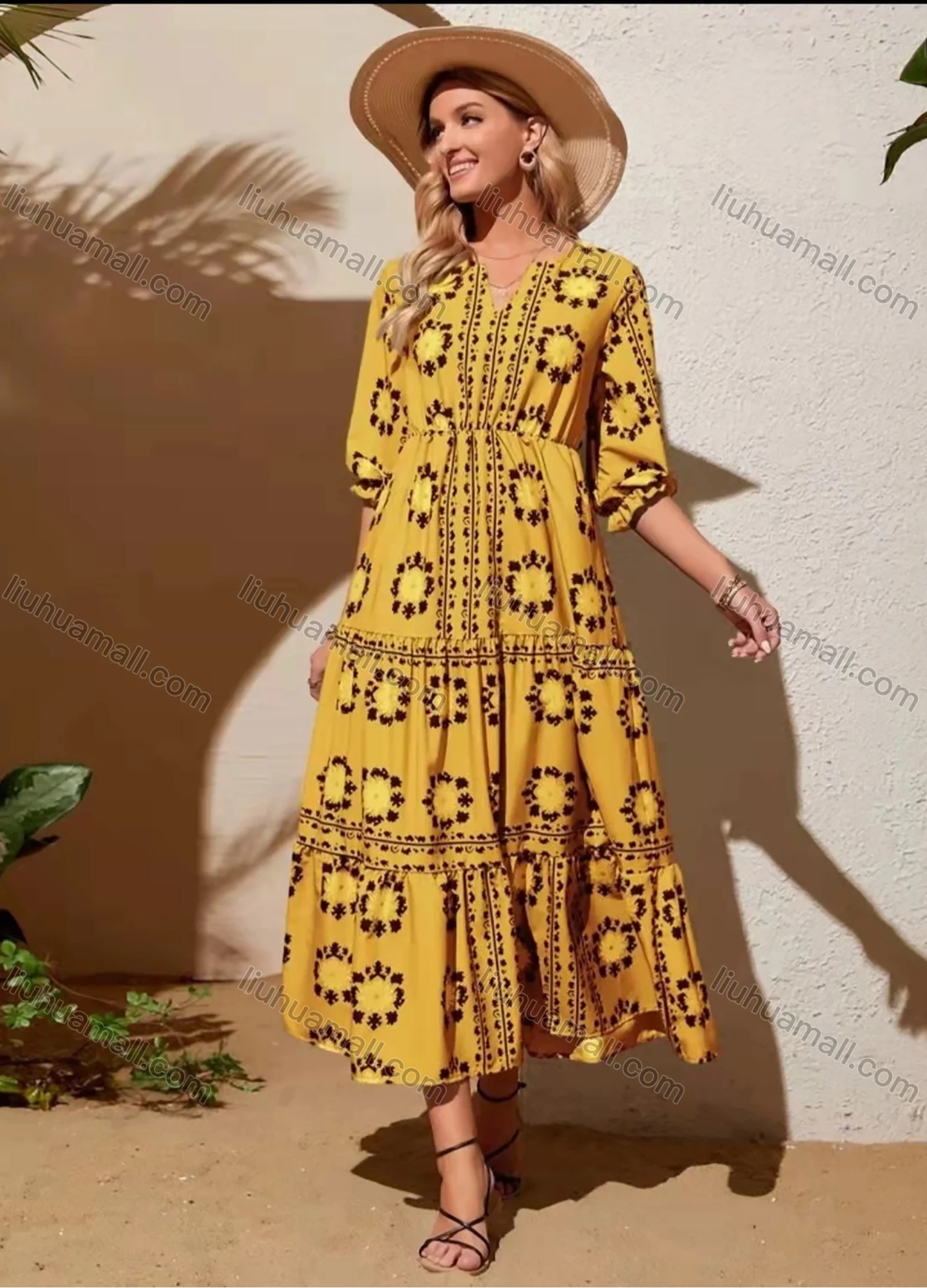 Wholesale Women's Vacation Notched Neck Poet Sleeve Floral Print Ruffle Hem Maxi Dress AY203# - Liuhuamall