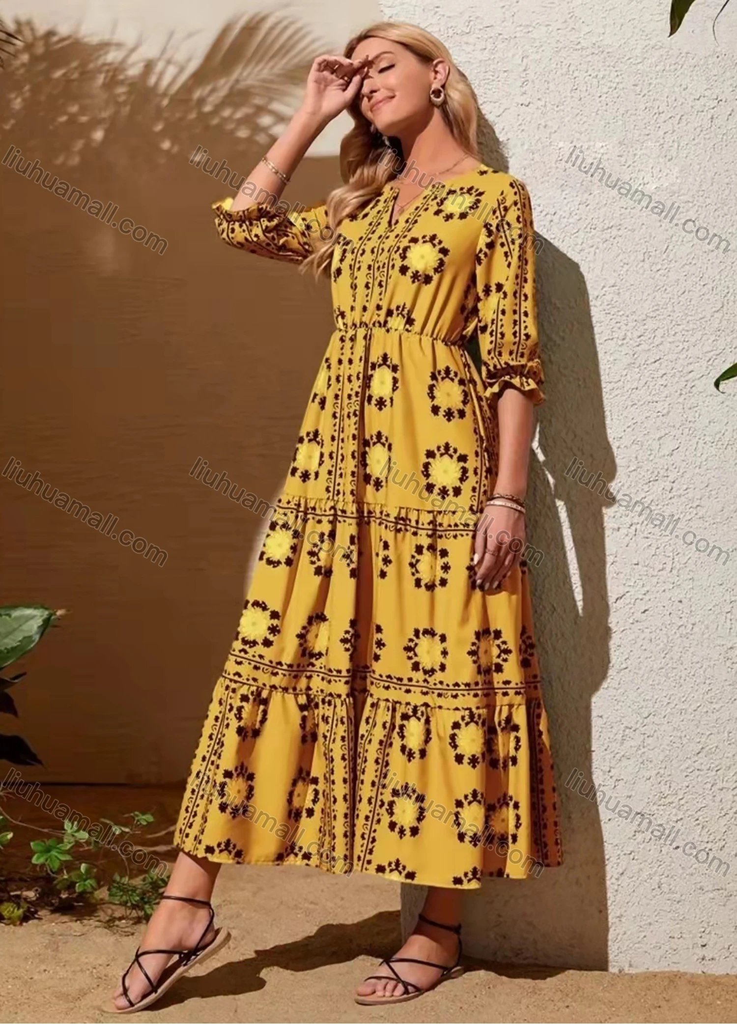 Wholesale Women's Vacation Notched Neck Poet Sleeve Floral Print Ruffle Hem Maxi Dress AY203# - Liuhuamall