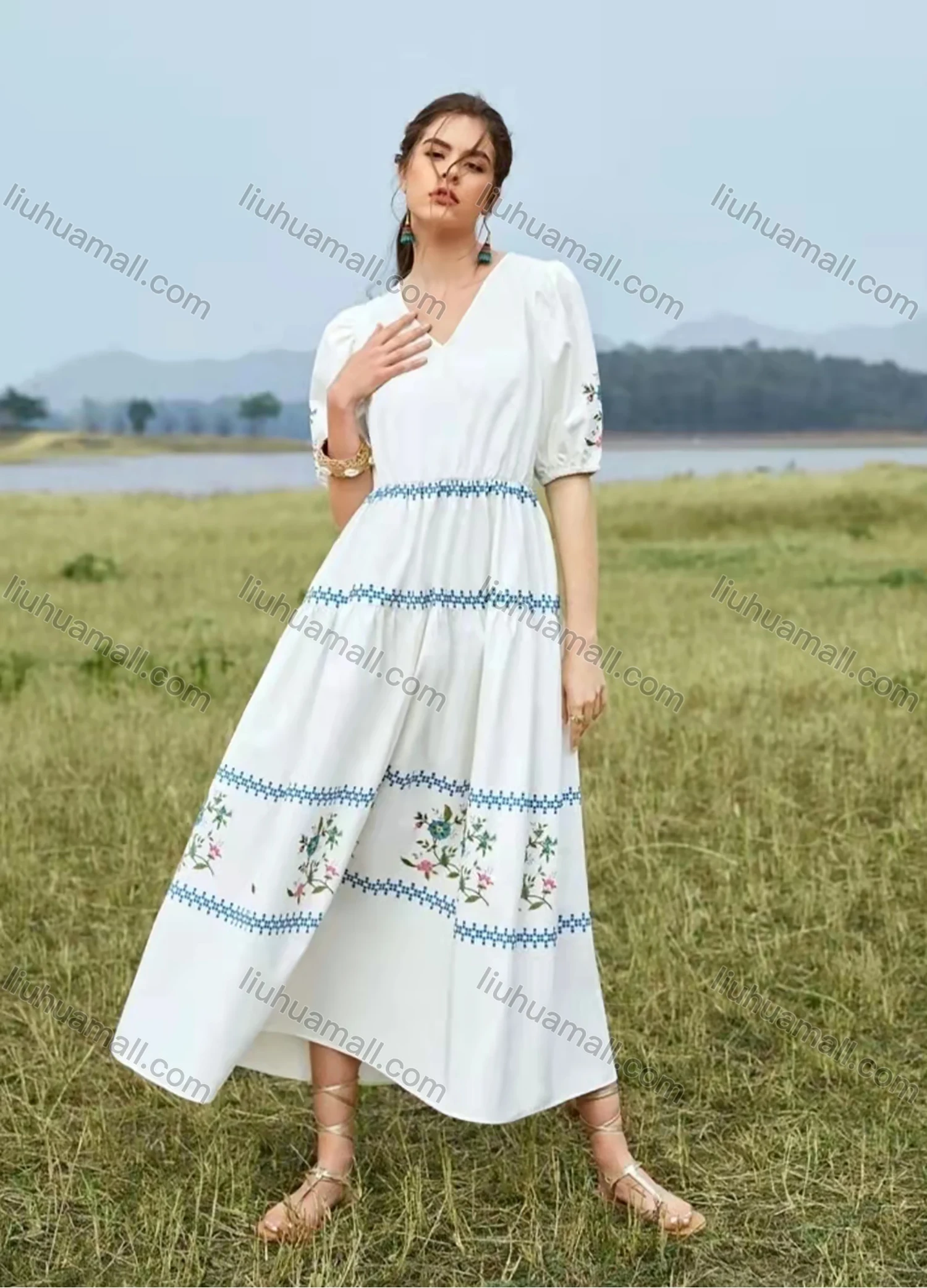 Wholesale Women's V Neck Puff Sleeve Floral Print Ruffle Hem Boho Maxi Dress AY204# - Liuhuamall