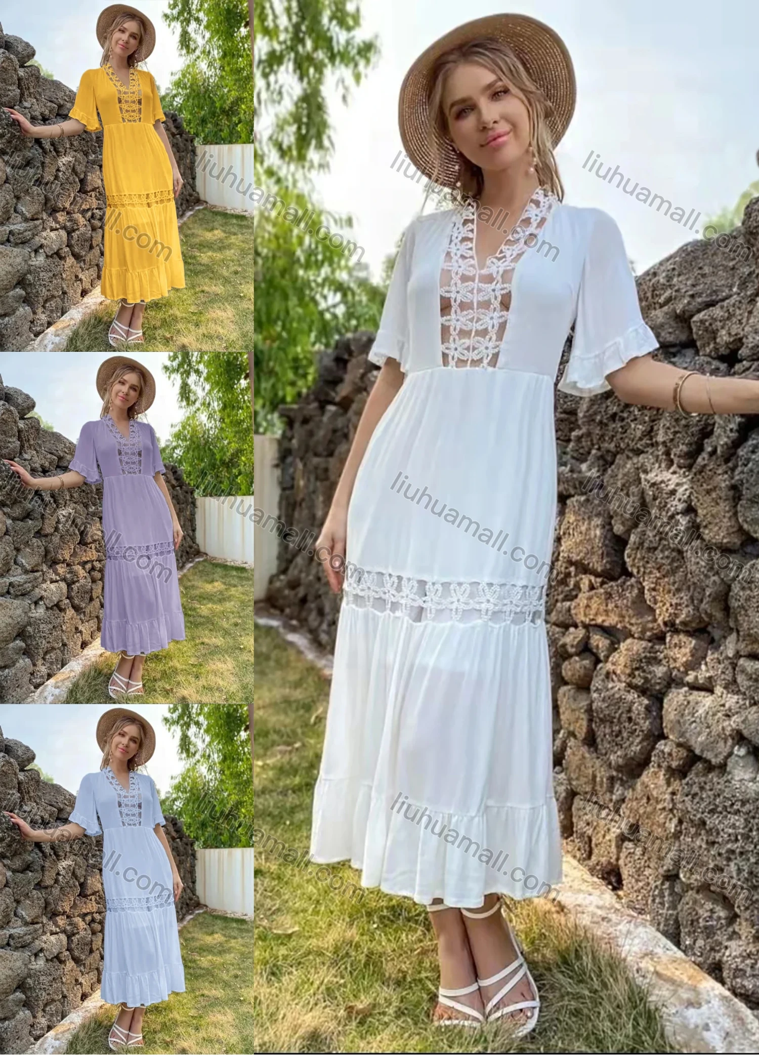 Wholesale Women's Sexy V Neck Ruffle Sleeve Sheer Mesh Splicing Lace Up Back Ruffle Trim Layered Plain Midi Dress AY205# - Liuhuamall