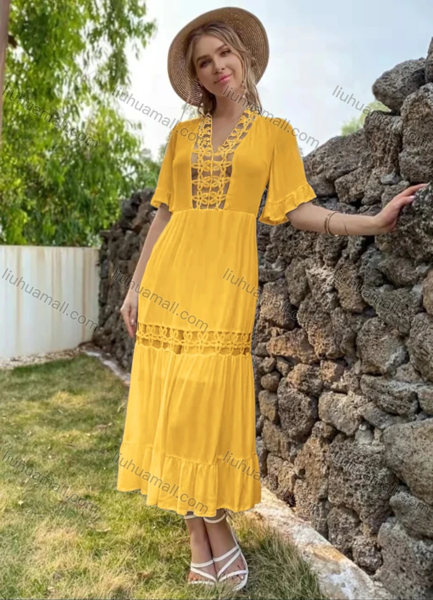 Wholesale Women's Sexy V Neck Ruffle Sleeve Sheer Mesh Splicing Lace Up Back Ruffle Trim Layered Plain Midi Dress AY205# - Liuhuamall