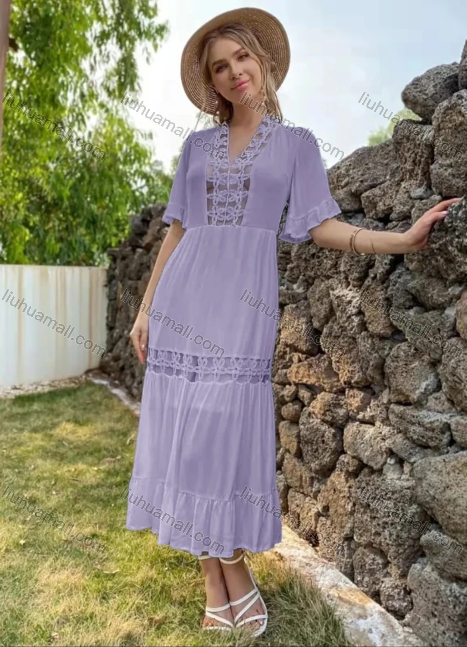 Wholesale Women's Sexy V Neck Ruffle Sleeve Sheer Mesh Splicing Lace Up Back Ruffle Trim Layered Plain Midi Dress AY205# - Liuhuamall