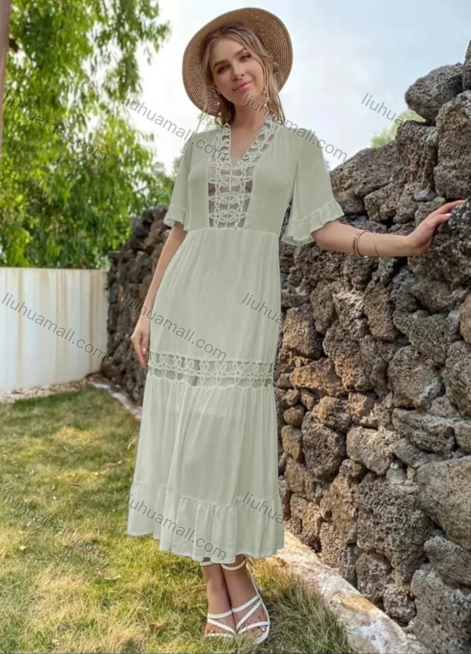 Wholesale Women's Sexy V Neck Ruffle Sleeve Sheer Mesh Splicing Lace Up Back Ruffle Trim Layered Plain Midi Dress AY205# - Liuhuamall