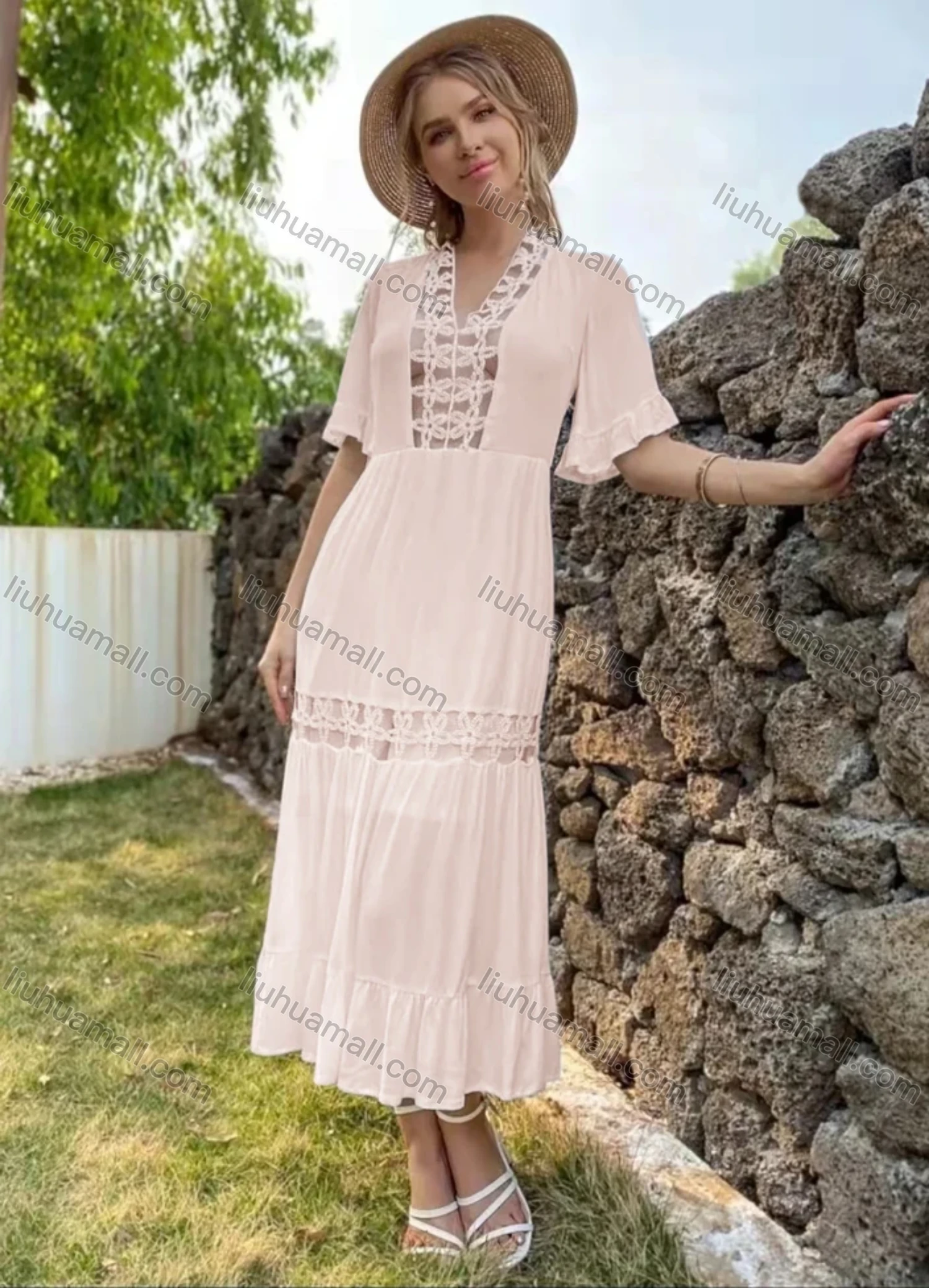 Wholesale Women's Sexy V Neck Ruffle Sleeve Sheer Mesh Splicing Lace Up Back Ruffle Trim Layered Plain Midi Dress AY205# - Liuhuamall