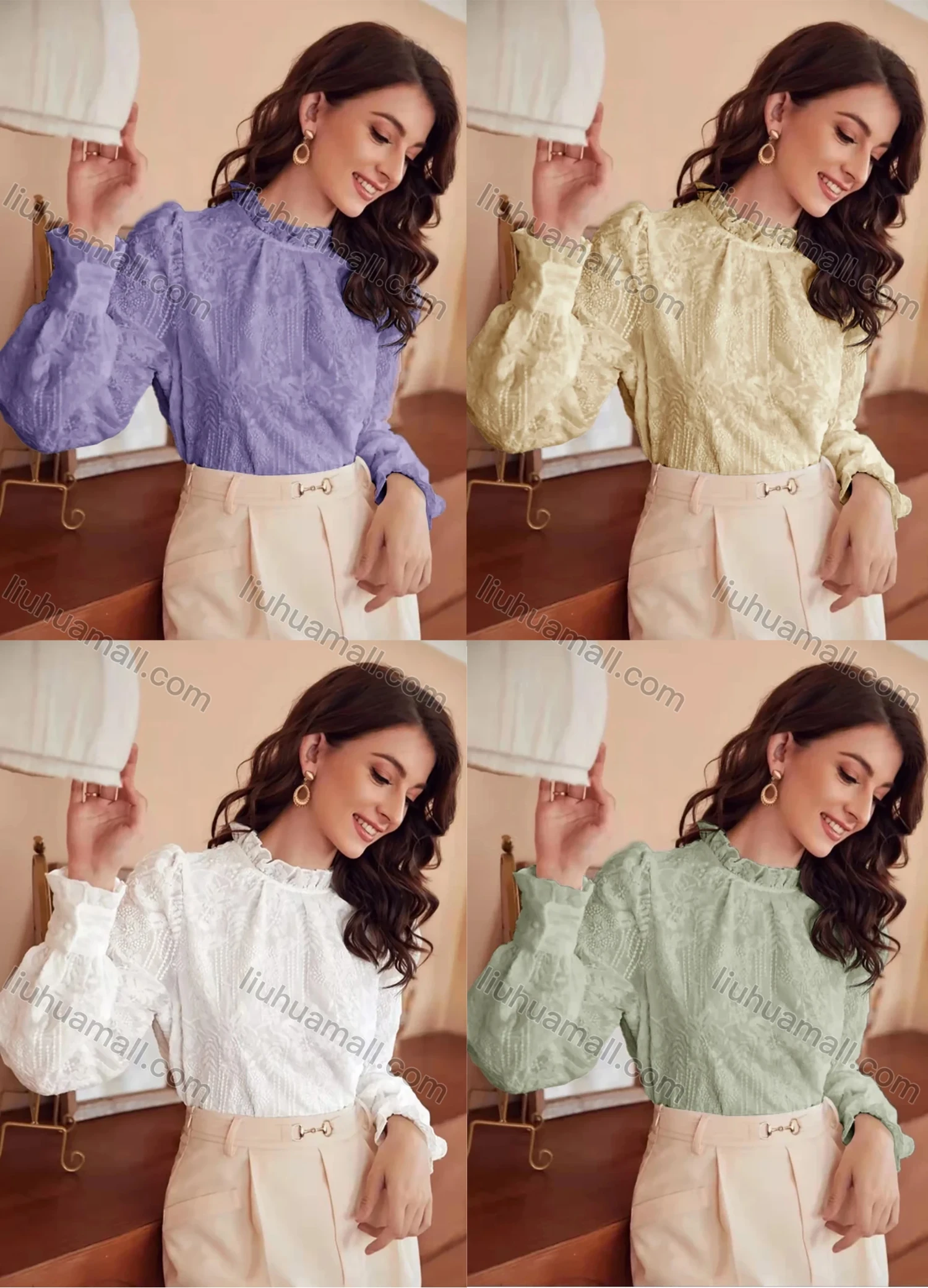 Wholesale Women's Retro Ruffle Neck Lantern Sleeve Ruffle Trim Floral Embroidery Keyhole Back Plain Blouse AY206# - Liuhuamall