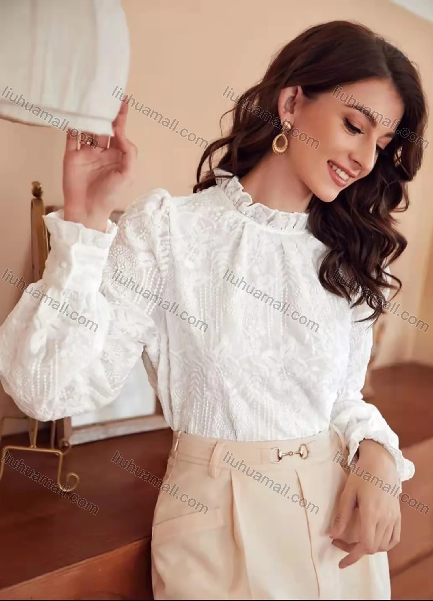Wholesale Women's Retro Ruffle Neck Lantern Sleeve Ruffle Trim Floral Embroidery Keyhole Back Plain Blouse AY206# - Liuhuamall