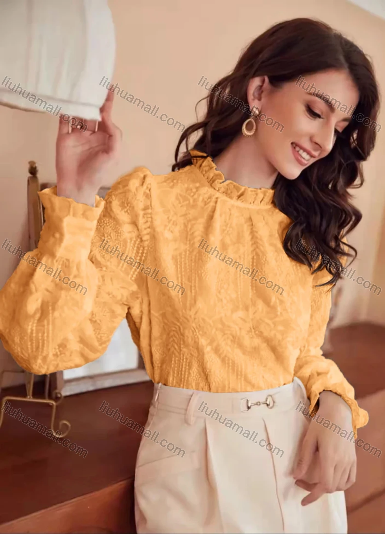 Wholesale Women's Retro Ruffle Neck Lantern Sleeve Ruffle Trim Floral Embroidery Keyhole Back Plain Blouse AY206# - Liuhuamall
