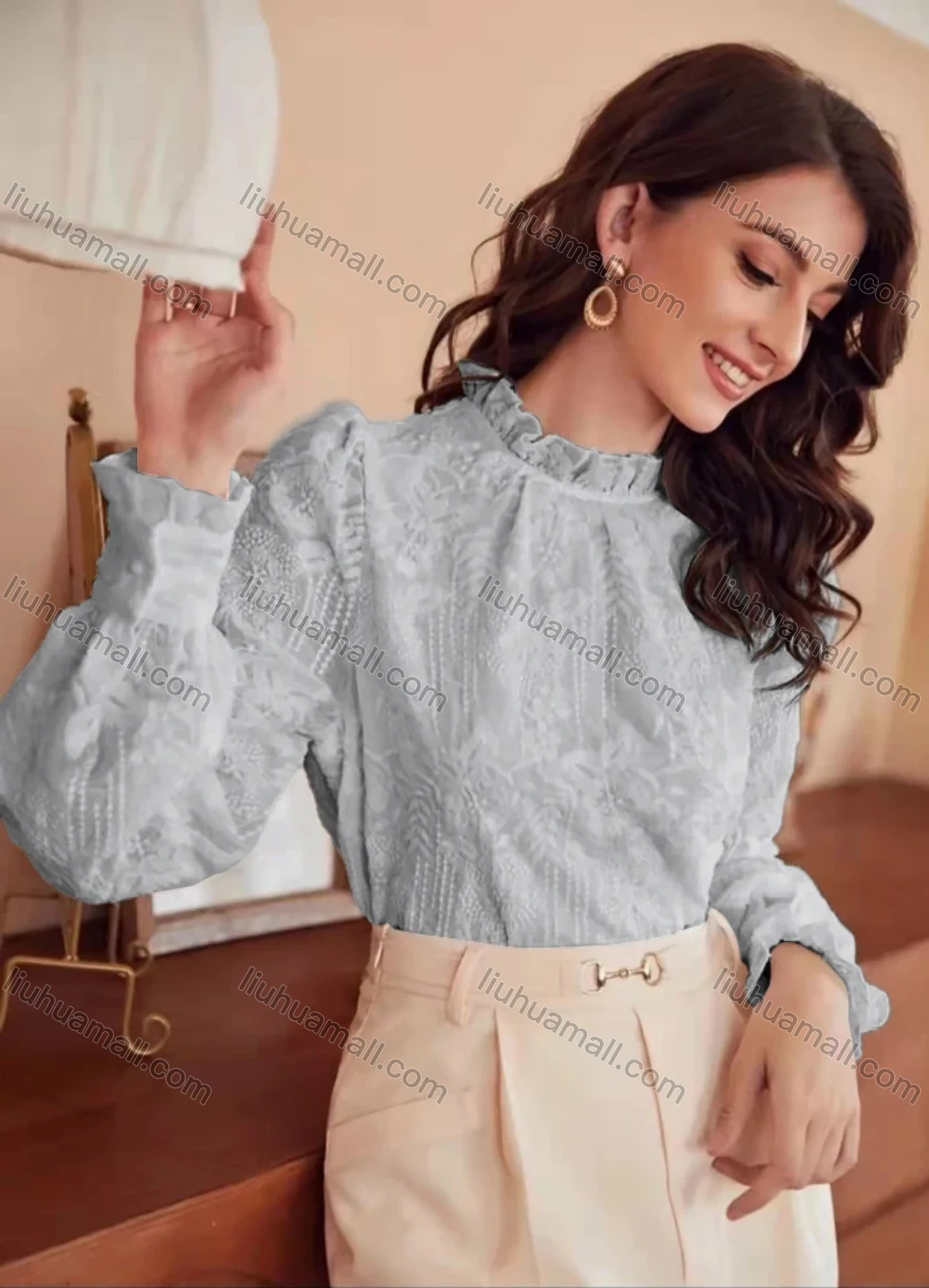 Wholesale Women's Retro Ruffle Neck Lantern Sleeve Ruffle Trim Floral Embroidery Keyhole Back Plain Blouse AY206# - Liuhuamall