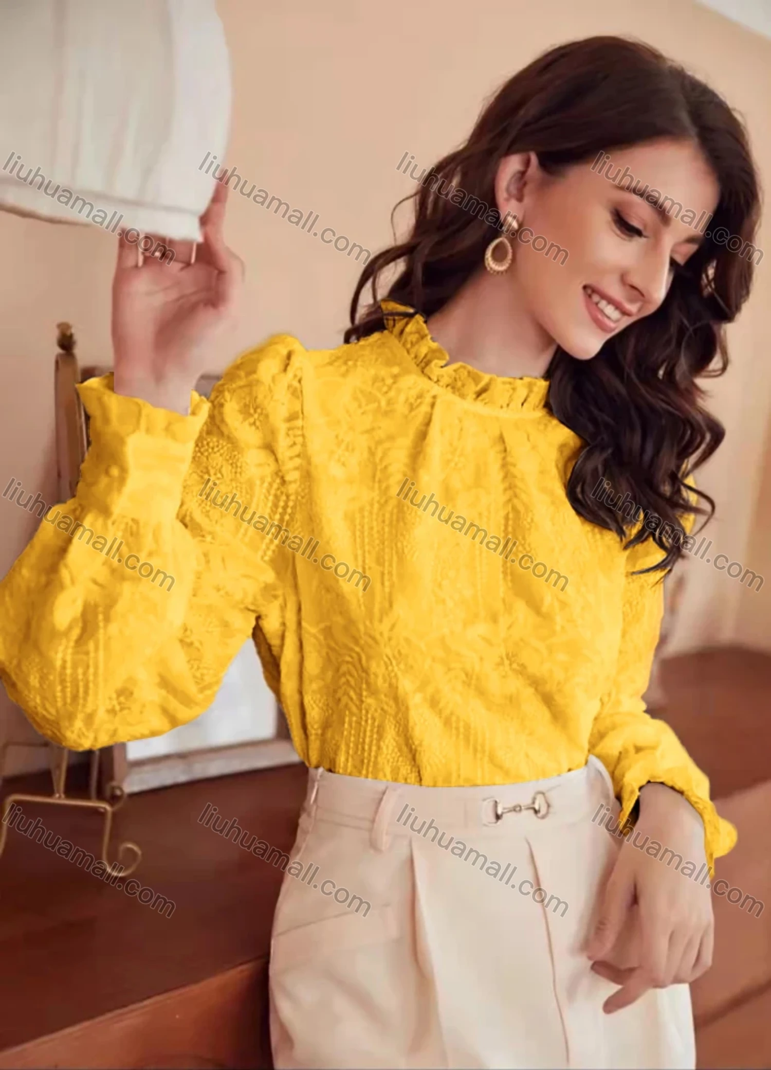 Wholesale Women's Retro Ruffle Neck Lantern Sleeve Ruffle Trim Floral Embroidery Keyhole Back Plain Blouse AY206# - Liuhuamall