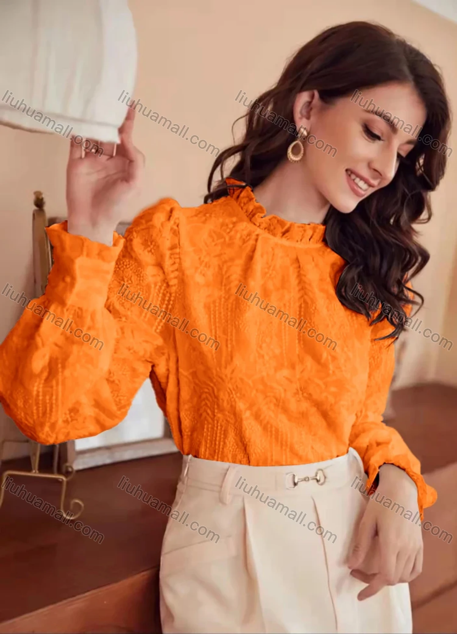 Wholesale Women's Retro Ruffle Neck Lantern Sleeve Ruffle Trim Floral Embroidery Keyhole Back Plain Blouse AY206# - Liuhuamall