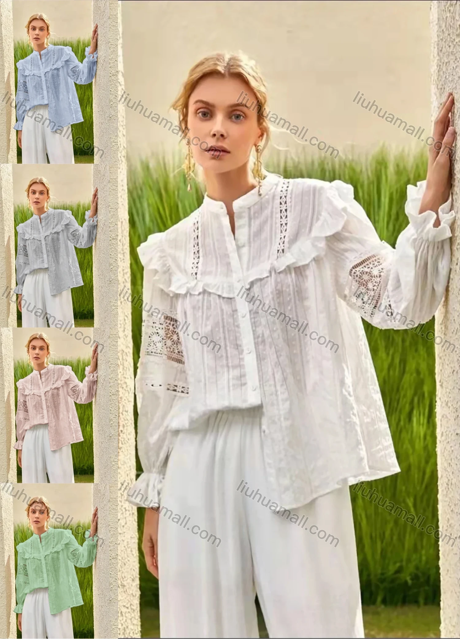 Wholesale Women's Retro Mock Neck Poet Sleeve Guipure Lace Ruffle Trim Swiss Dot Plain Blouse AY207# - Liuhuamall