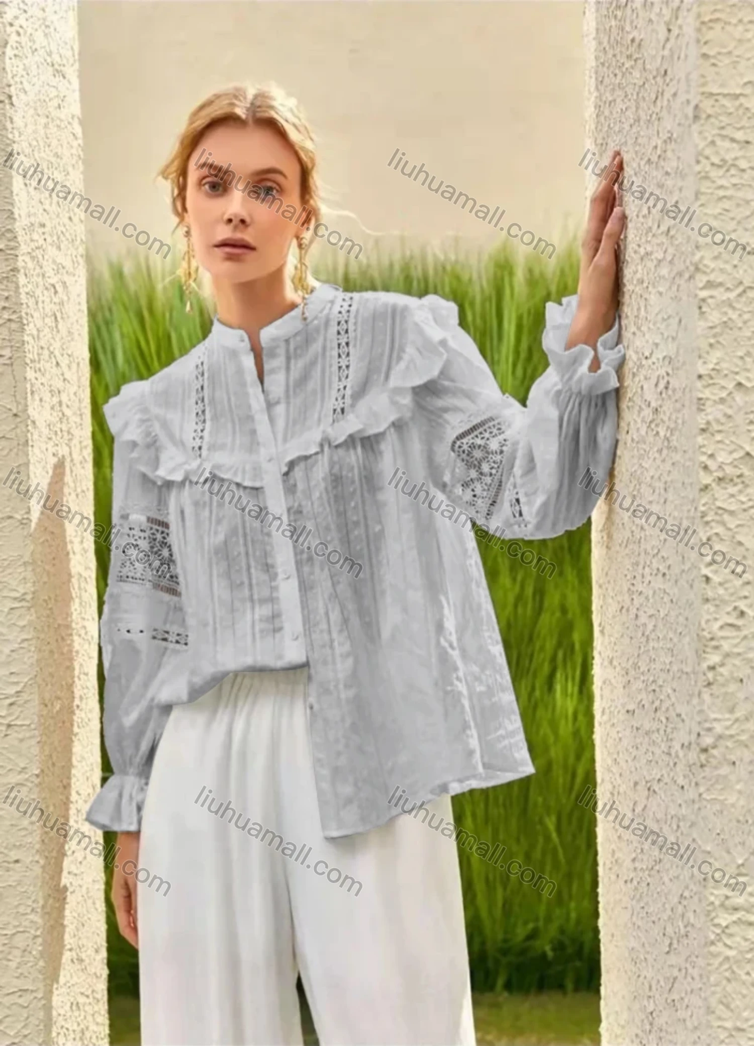 Wholesale Women's Retro Mock Neck Poet Sleeve Guipure Lace Ruffle Trim Swiss Dot Plain Blouse AY207# - Liuhuamall