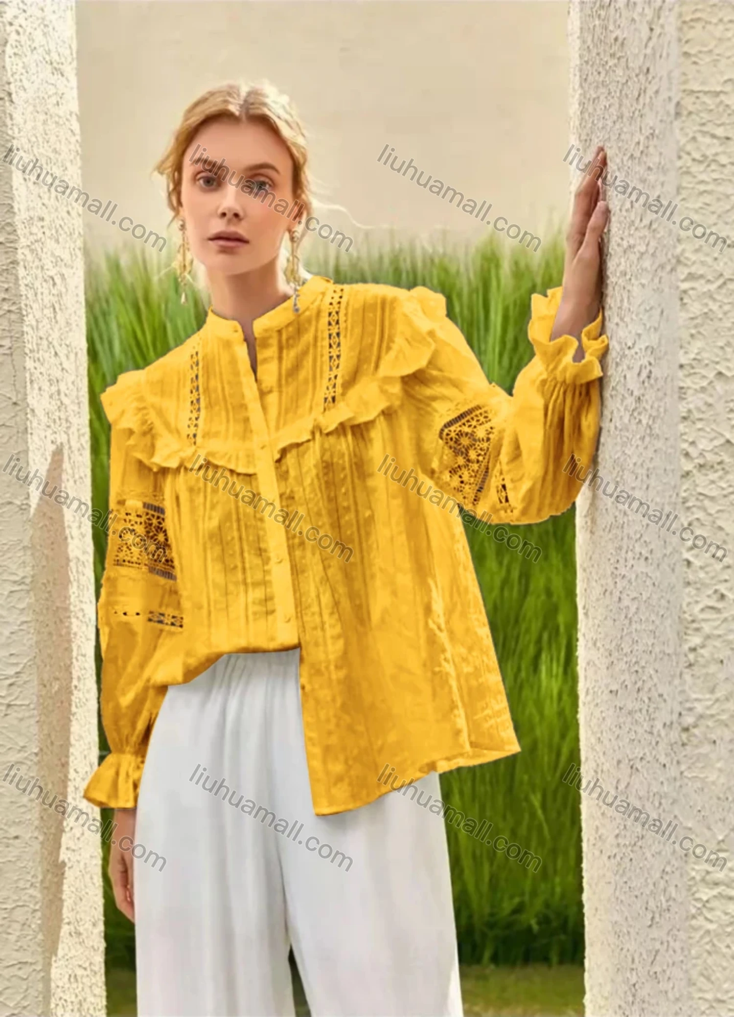 Wholesale Women's Retro Mock Neck Poet Sleeve Guipure Lace Ruffle Trim Swiss Dot Plain Blouse AY207# - Liuhuamall