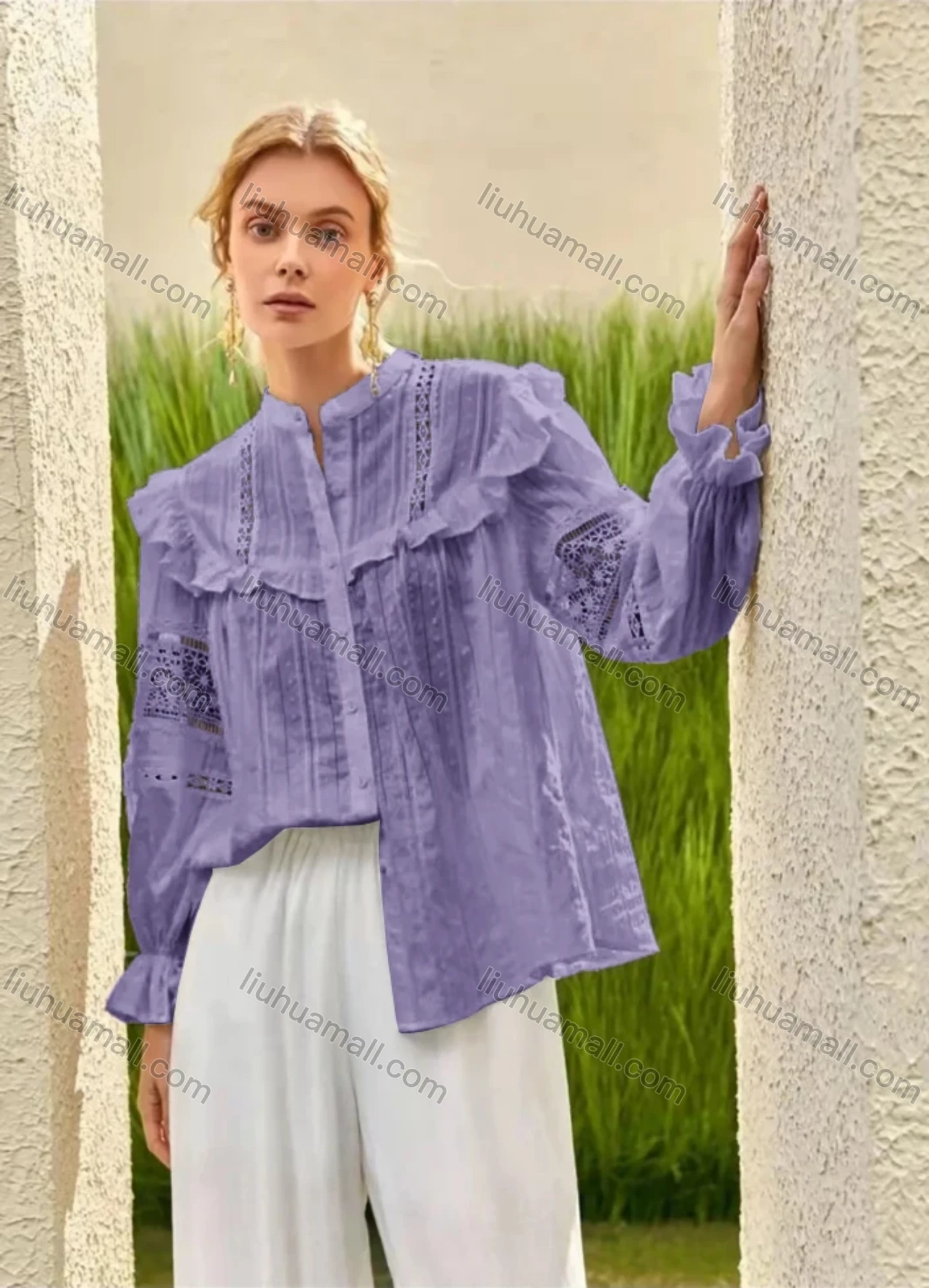 Wholesale Women's Retro Mock Neck Poet Sleeve Guipure Lace Ruffle Trim Swiss Dot Plain Blouse AY207# - Liuhuamall