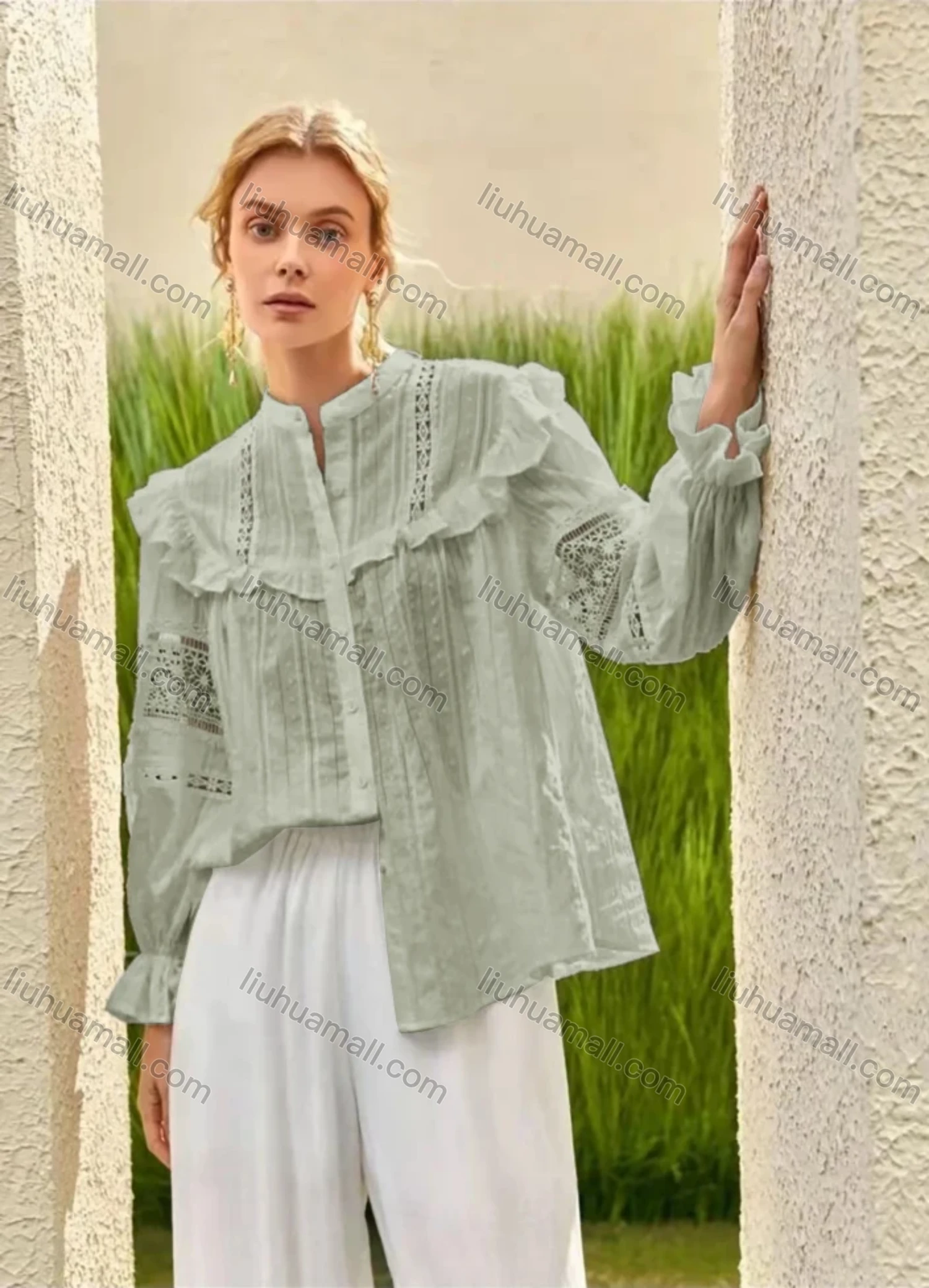 Wholesale Women's Retro Mock Neck Poet Sleeve Guipure Lace Ruffle Trim Swiss Dot Plain Blouse AY207# - Liuhuamall