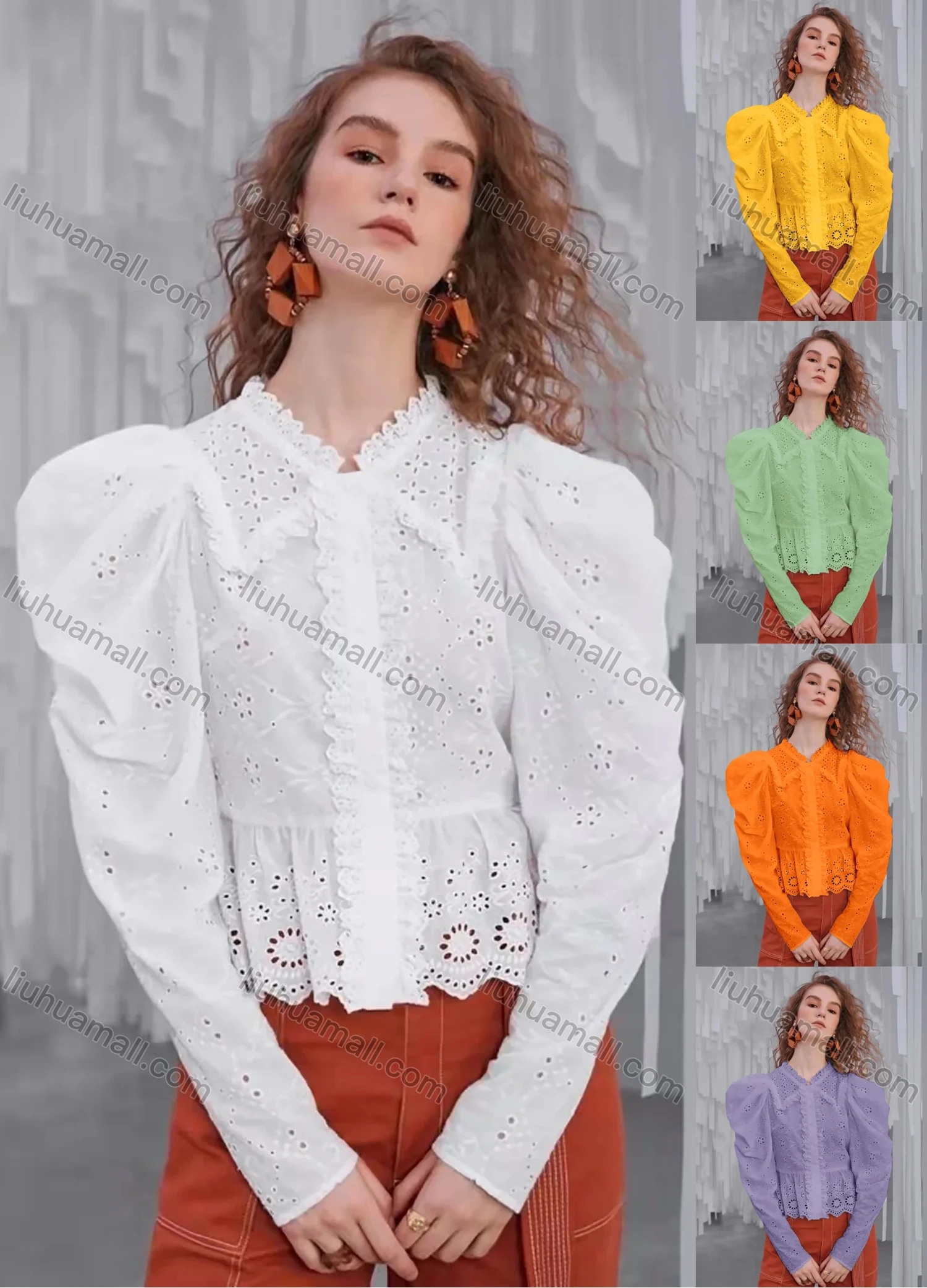 Wholesale Women's Retro Peter Pan Collar Leg Of Mutton Sleeve Buttons Ruffle Trim Eyelet Lace Plain Blouse AY208# - Liuhuamall