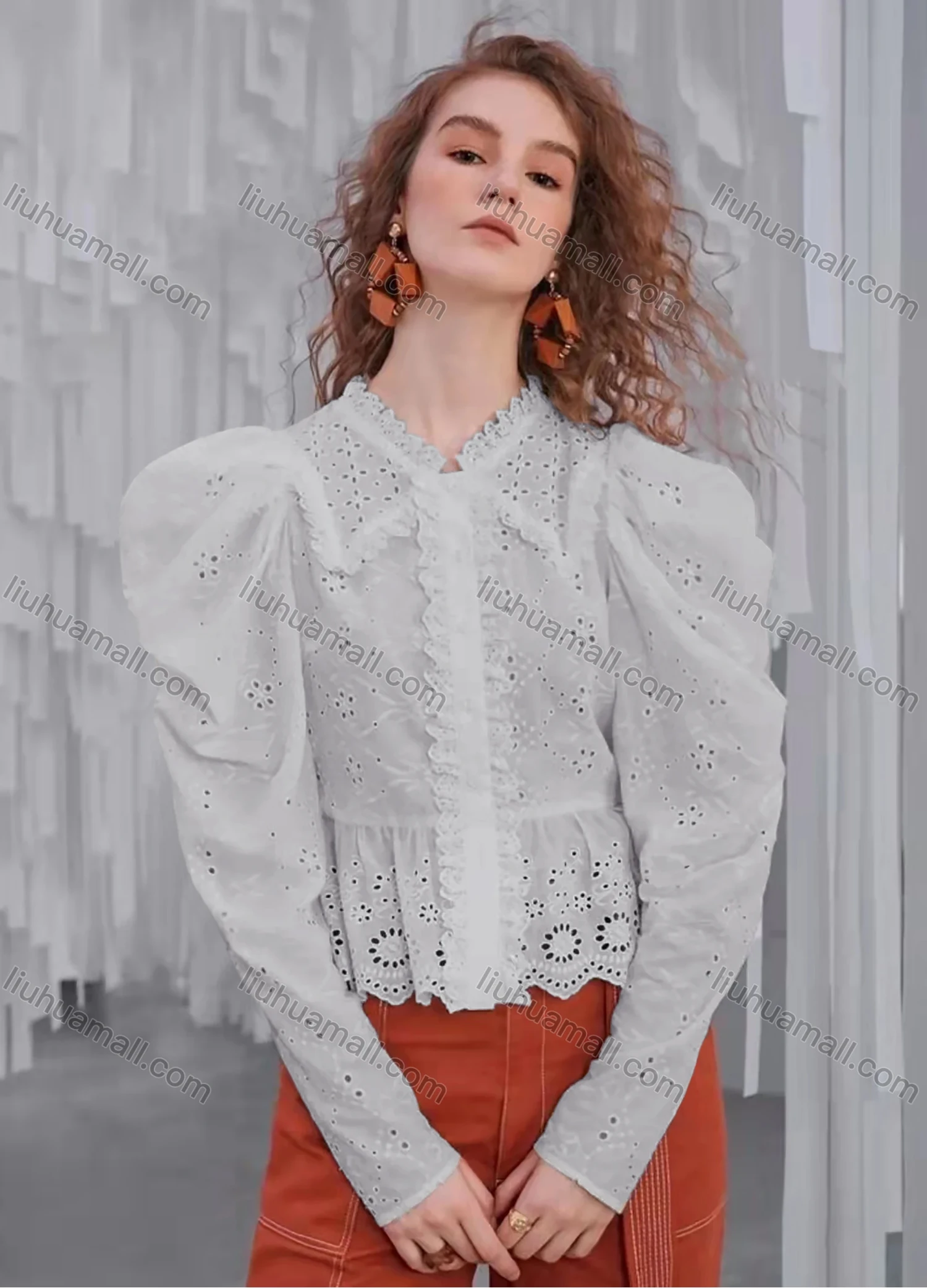 Wholesale Women's Retro Peter Pan Collar Leg Of Mutton Sleeve Buttons Ruffle Trim Eyelet Lace Plain Blouse AY208# - Liuhuamall