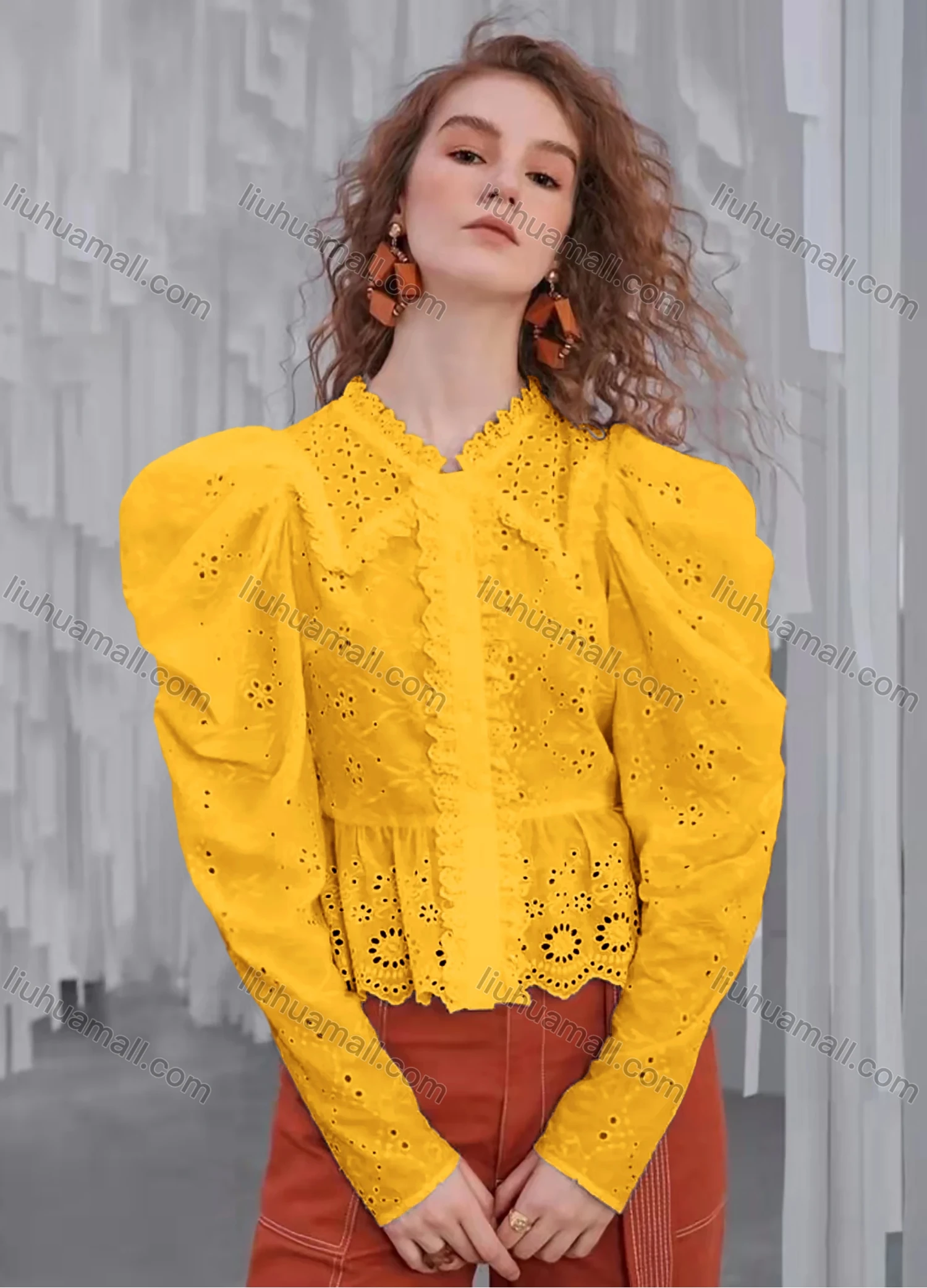 Wholesale Women's Retro Peter Pan Collar Leg Of Mutton Sleeve Buttons Ruffle Trim Eyelet Lace Plain Blouse AY208# - Liuhuamall