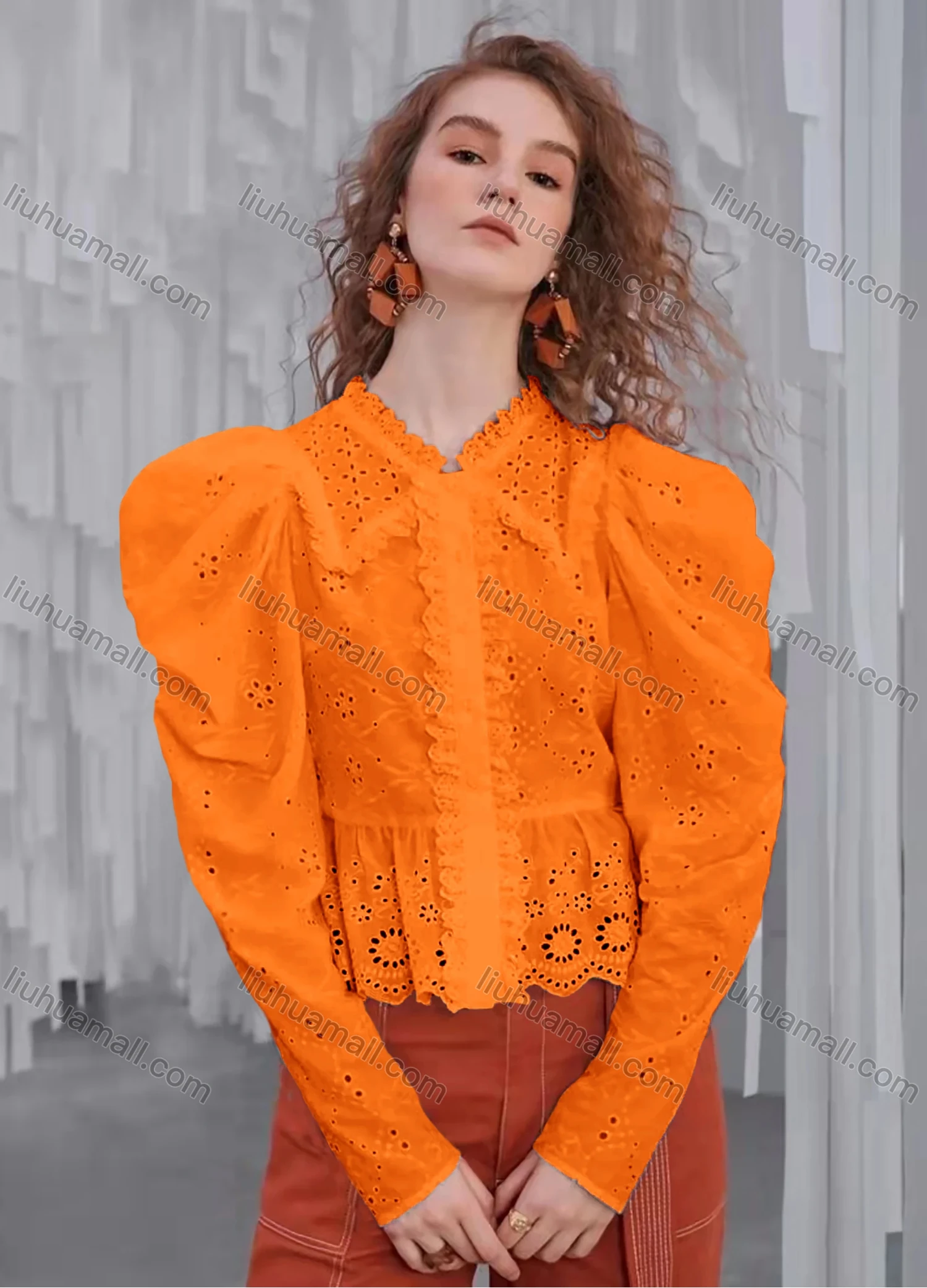 Wholesale Women's Retro Peter Pan Collar Leg Of Mutton Sleeve Buttons Ruffle Trim Eyelet Lace Plain Blouse AY208# - Liuhuamall