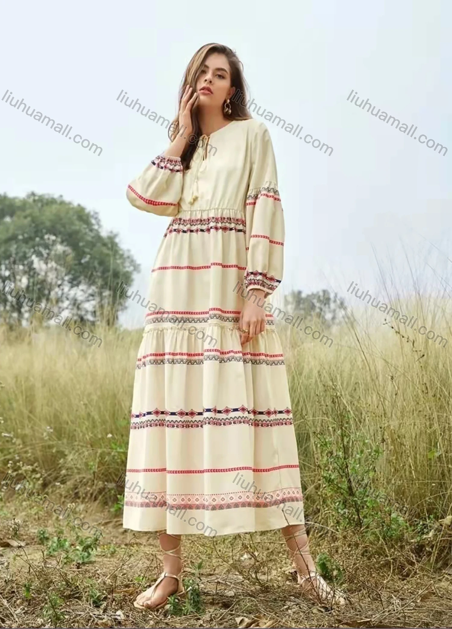 Wholesale Women's Keyhole-Neck Lantern Sleeve Lace Up Graphic Ruffle Trim Maxi Dress AY209# - Liuhuamall