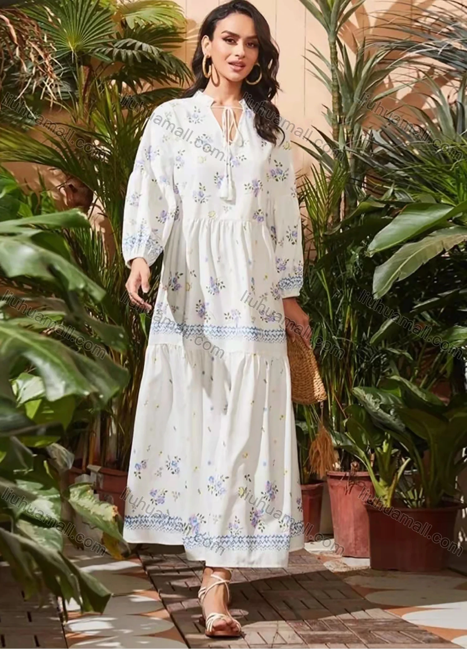 Wholesale Women's Notched Neck Lantern Sleeve Lace Up Floral Elegant Maxi Dress AY210# - Liuhuamall