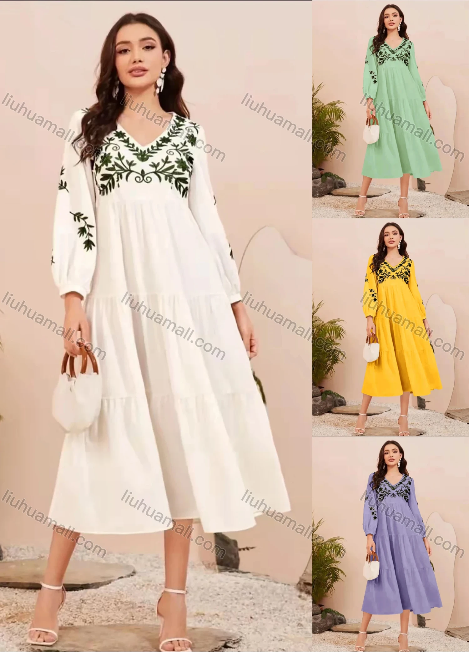 Wholesale Women's Causal V Neck Lantern Sleeve Plants Print Ruffle Hem Midi Dress AY211# - Liuhuamall