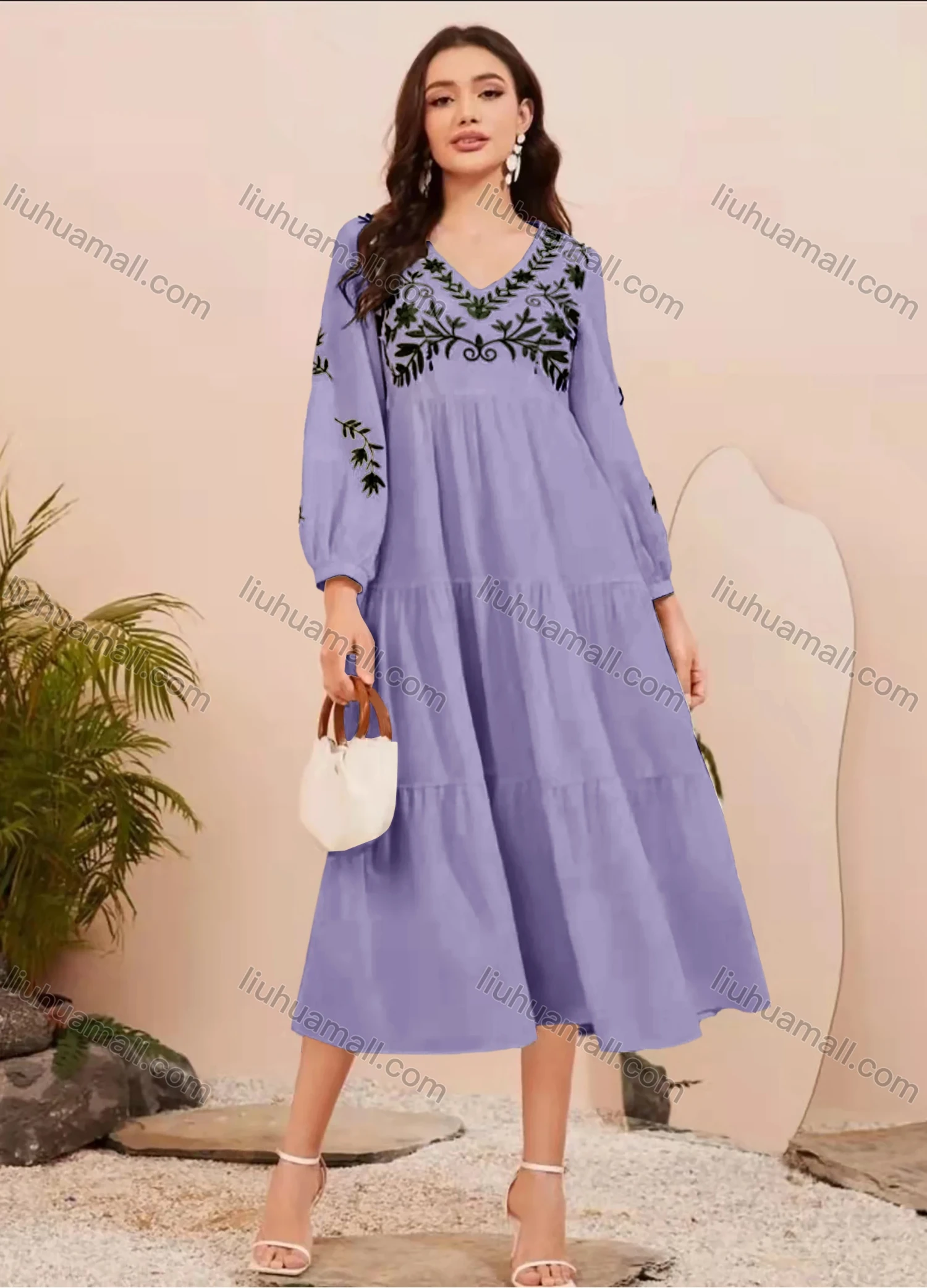 Wholesale Women's Causal V Neck Lantern Sleeve Plants Print Ruffle Hem Midi Dress AY211# - Liuhuamall