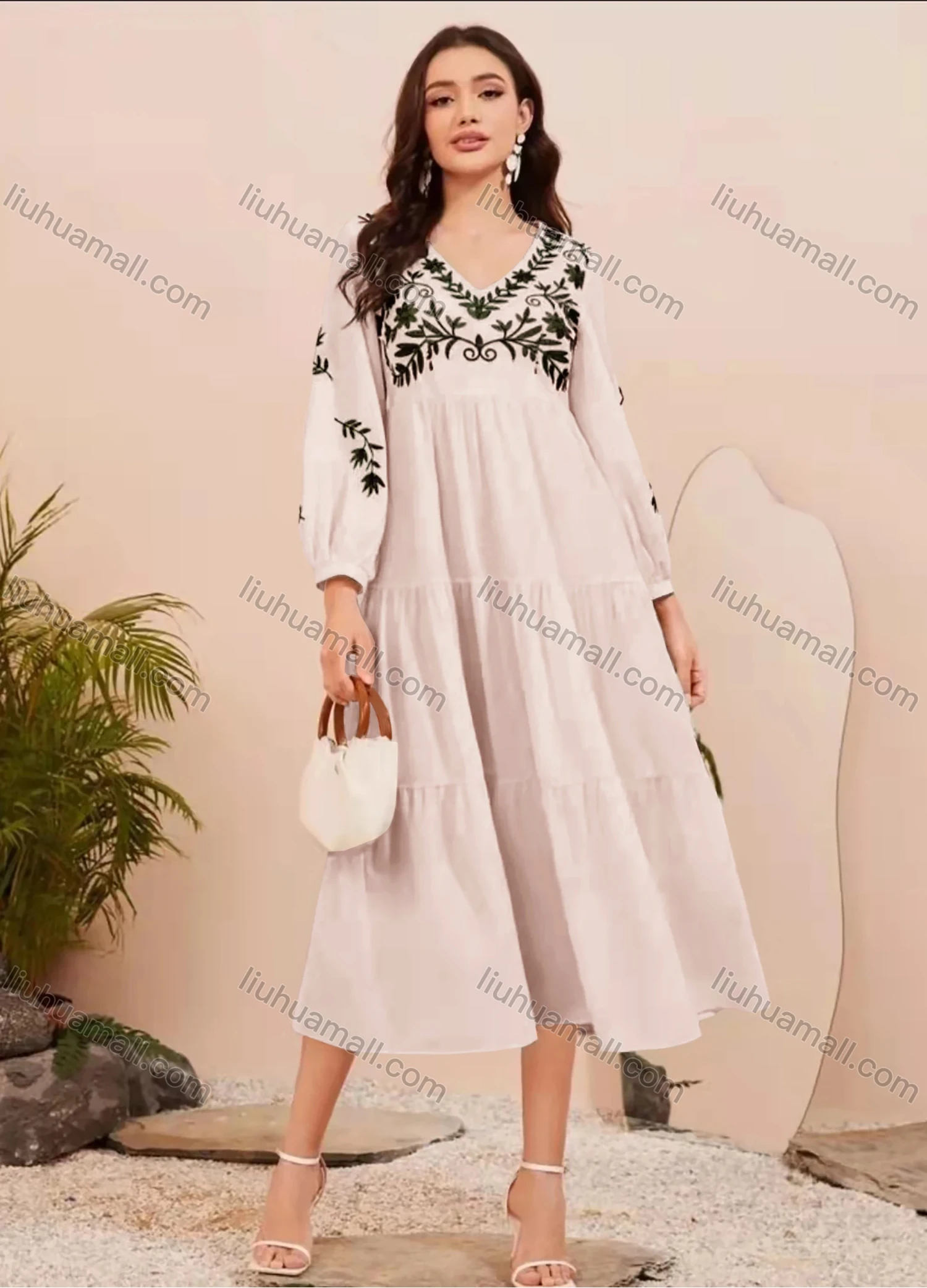 Wholesale Women's Causal V Neck Lantern Sleeve Plants Print Ruffle Hem Midi Dress AY211# - Liuhuamall
