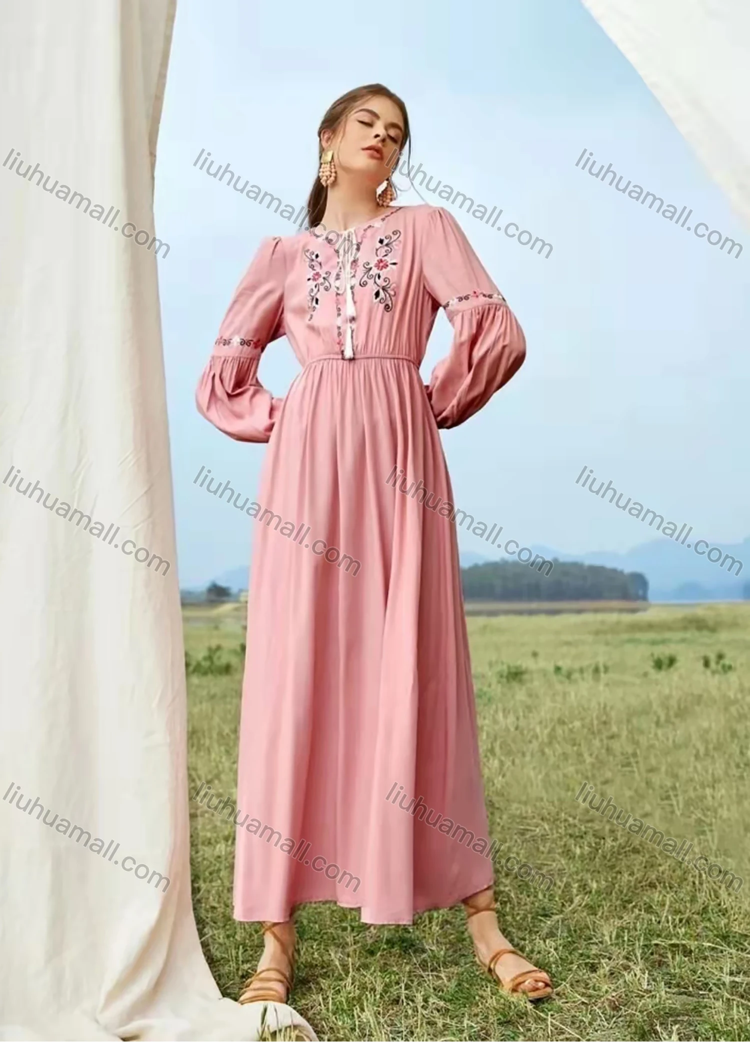 Wholesale Women's Casual Tie Neck Marie Sleeve Floral Ruffle Hem Maxi Dress - Liuhuamall