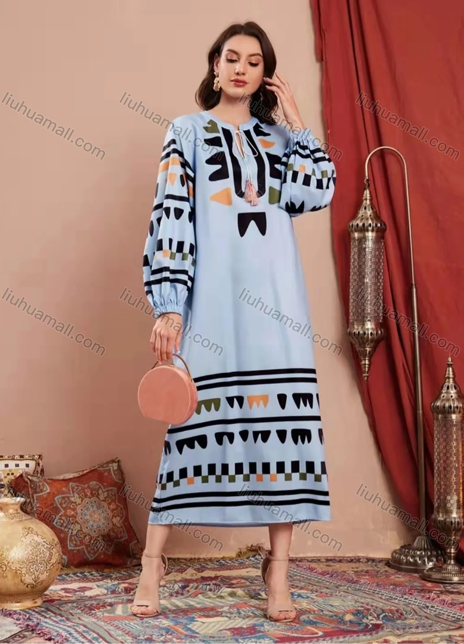 Wholesale Women's Casual Keyhole-Neck Long Sleeve Lace Up Pattern Midi Dress AY213# - Liuhuamall